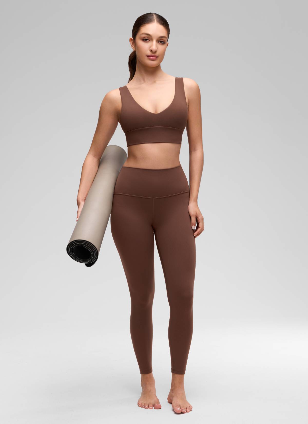 CRZ YOGA Women's Light Support Butterluxe Yoga Bra Longline U back V Neck Coffee Brown @model_info:Inga