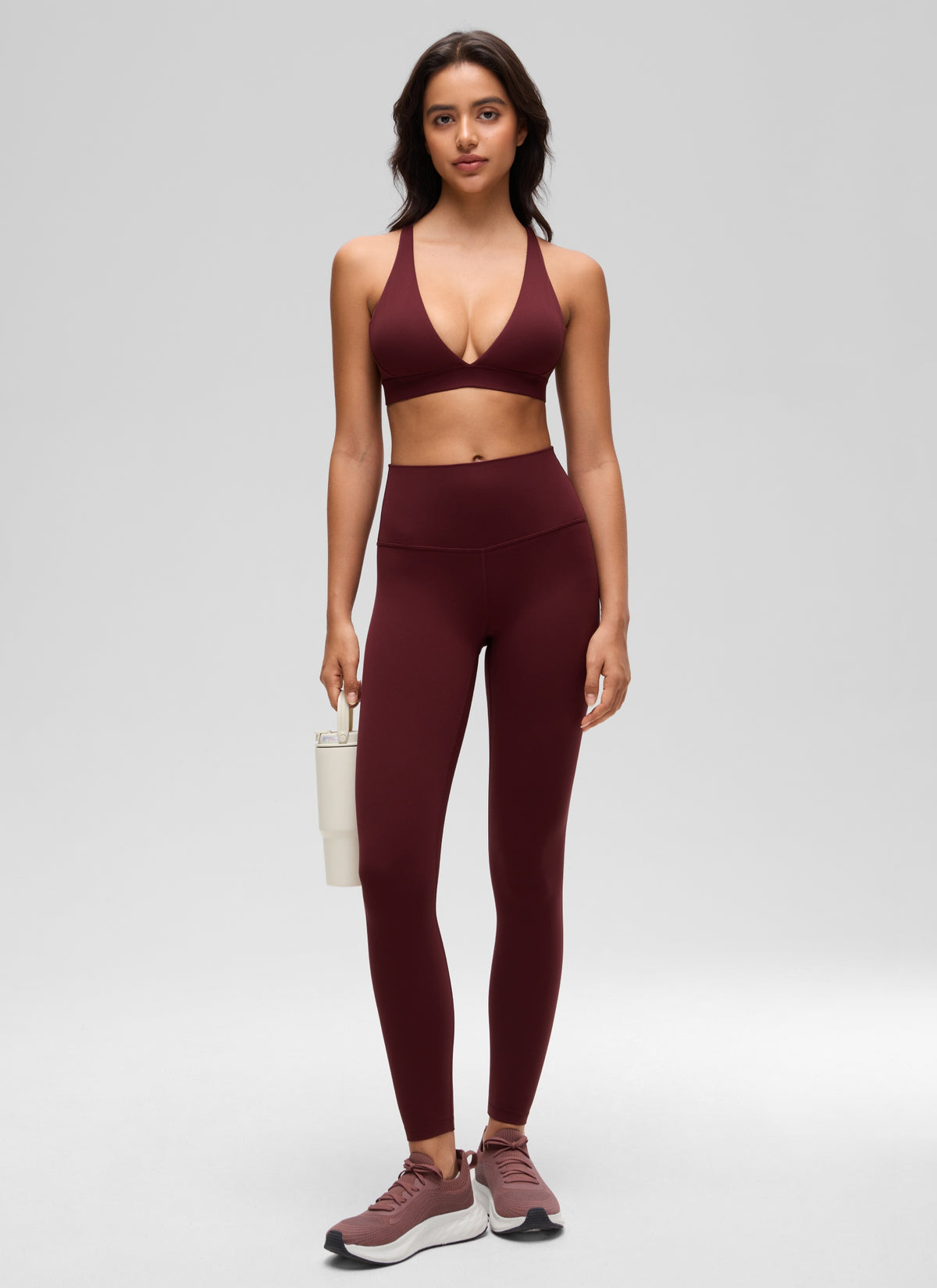 CRZ YOGA Women's Light Support Butterluxe Yoga Bra Strappy back V Neck Red Merlot @model_info:Liss