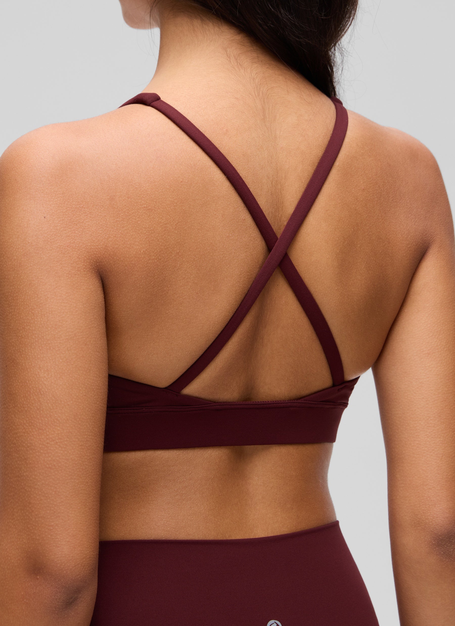 CRZ YOGA Women's Light Support Butterluxe Yoga Bra Strappy back V Neck Red Merlot @model_info:Liss