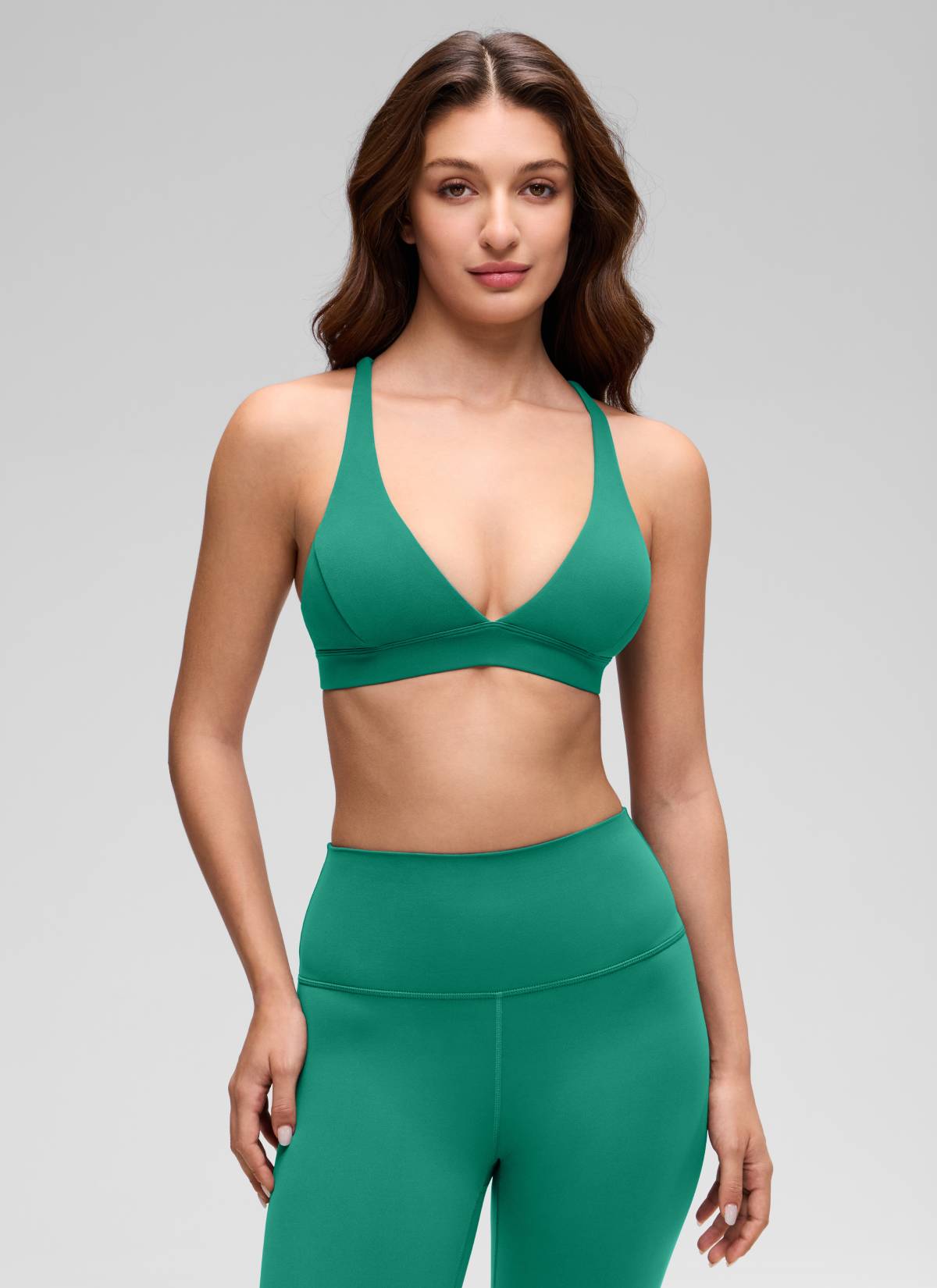CRZ YOGA Women's Light Support Butterluxe Yoga Bra Strappy back V Neck Cascadia Green @model_info:Inga