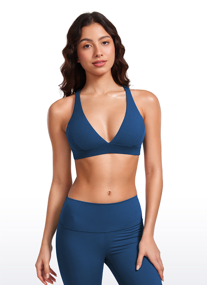 CRZ YOGA Women's Light Support Butterluxe Yoga Bra Strappy back V Neck French Navy @model_info:Maysa