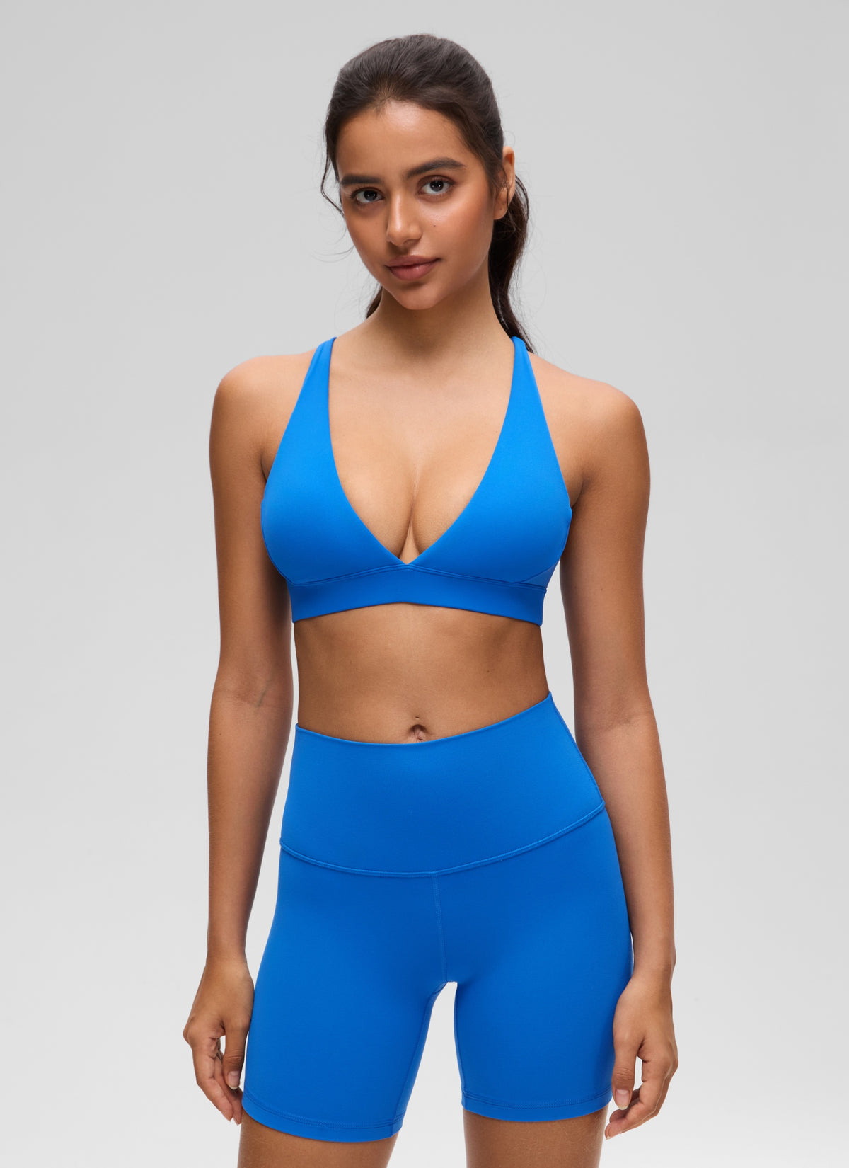 CRZ YOGA Women's Light Support Butterluxe Yoga Bra Strappy back V Neck Sparkle Blue @model_info:Liss