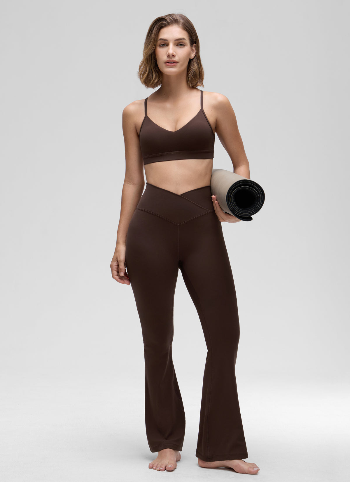 CRZ YOGA Butterluxe Womens V Neck Camisole Yoga Padded Sports Bra Hot Fudge Brown @model_info:Jaynne