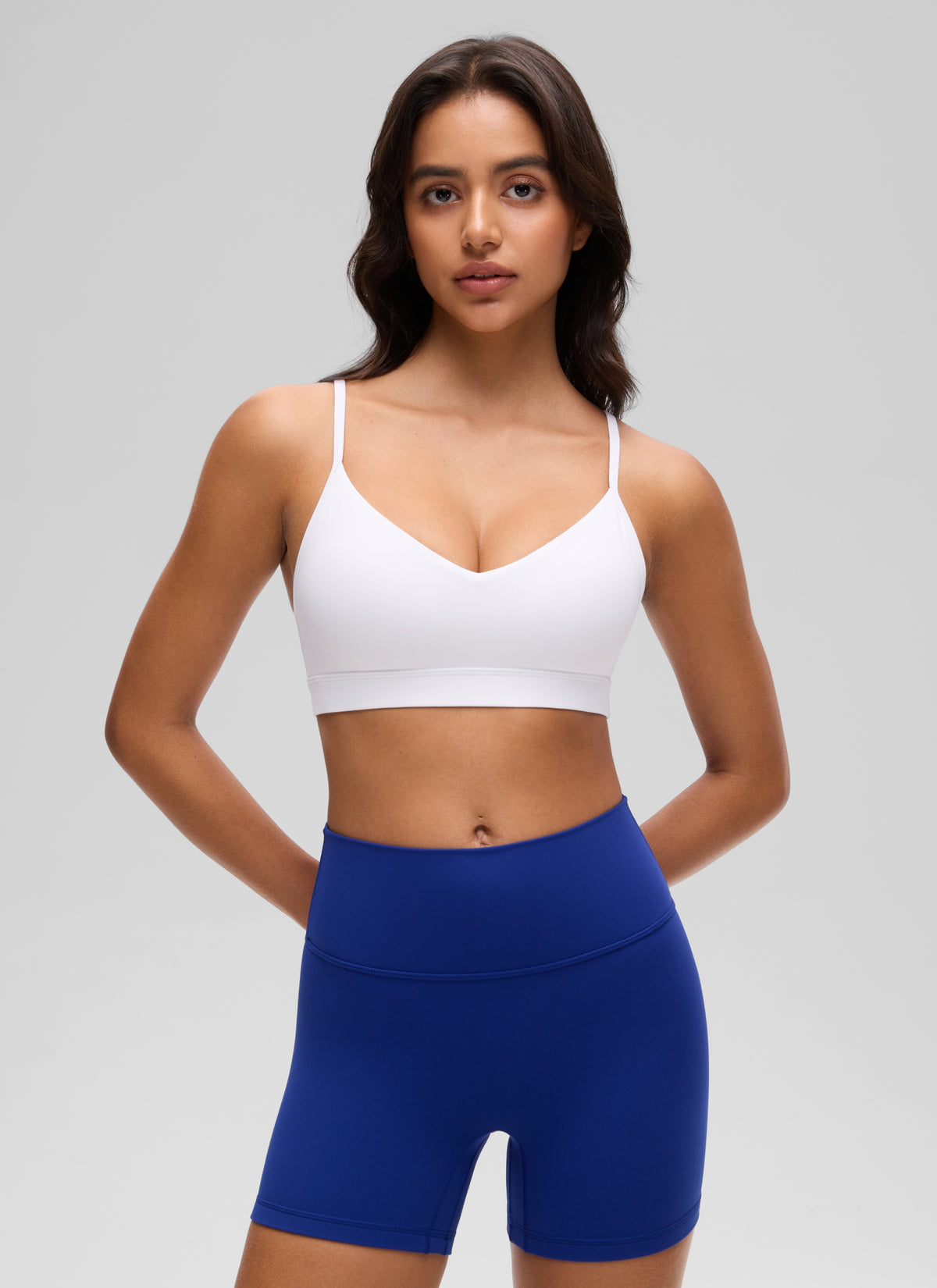 CRZ YOGA Butterluxe Womens V Neck Camisole Yoga Padded Sports Bra White @model_info:Liss