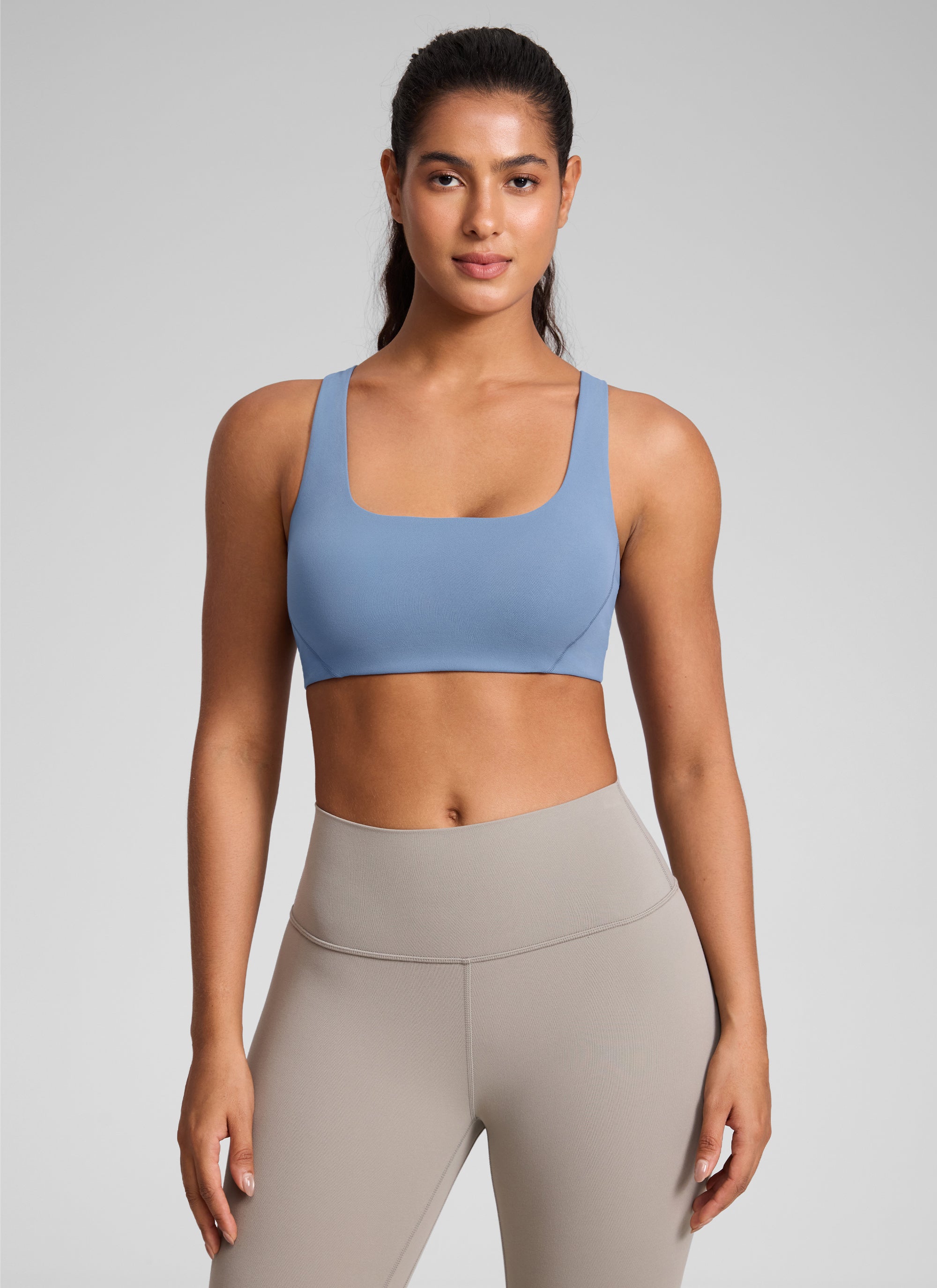 CRZ YOGA Dames Butterlift Dubbel gevoerde Yoga sportbeha met vierkante hals Washed Denim