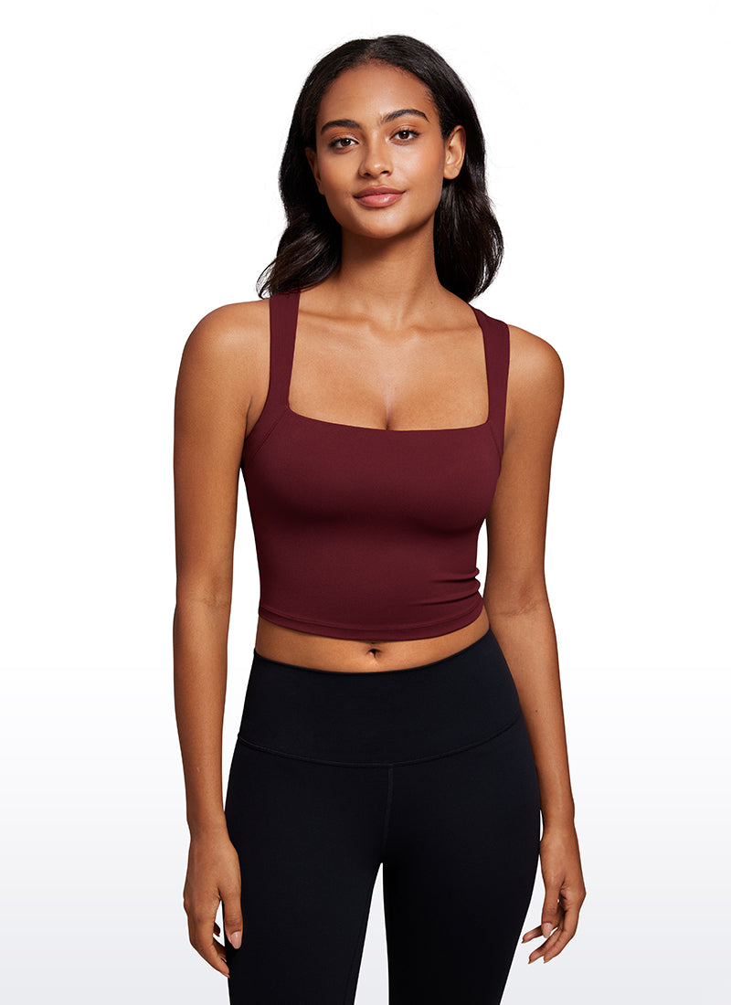 Débardeur de sport CRZ YOGA Butterluxe pour femme, coupe longue, col carré, avec soutien-gorge intégré, Rouge Merlot