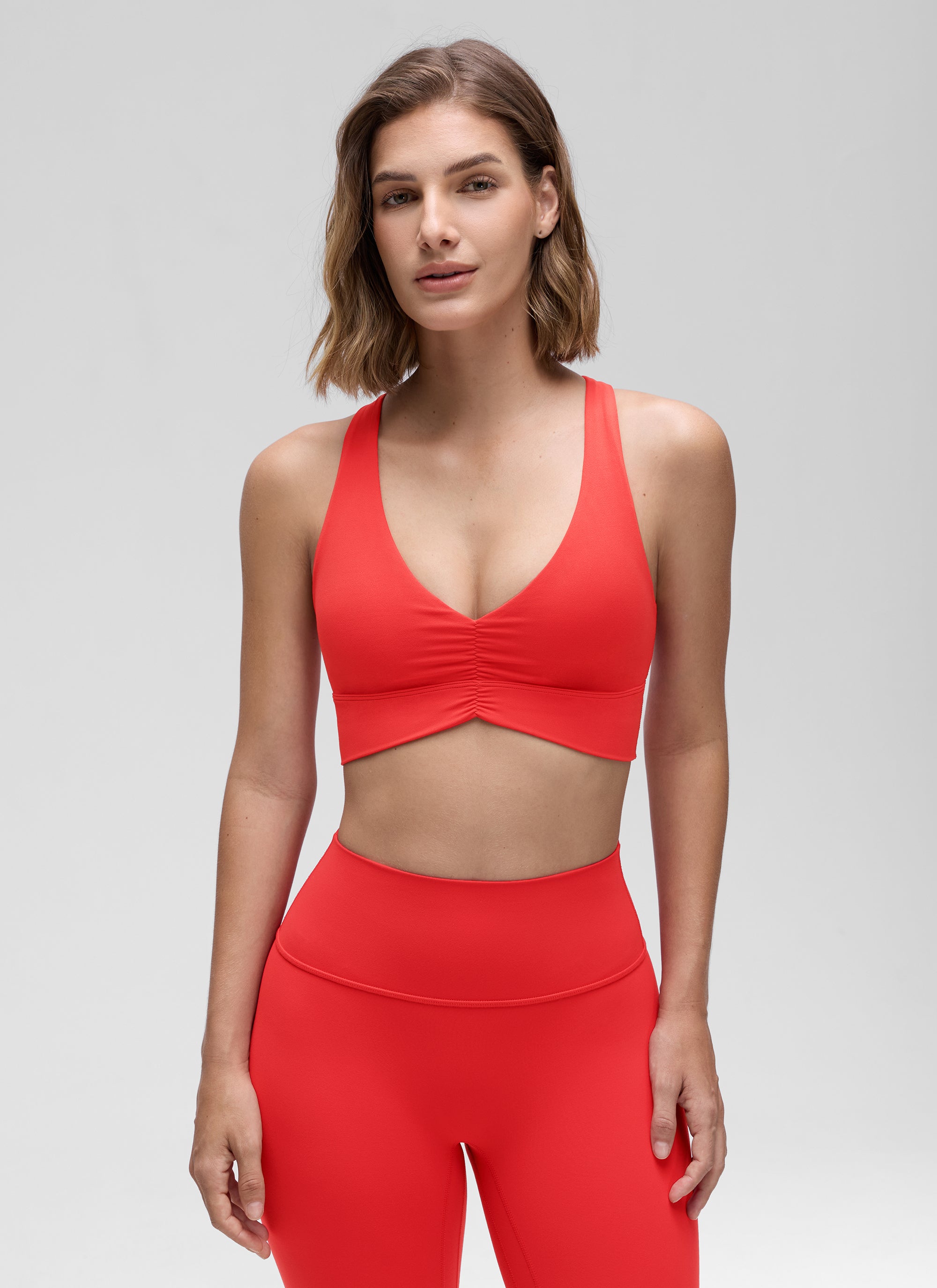 CRZ YOGA Women's Light Support Butterluxe Yoga Bra Ruched V Neck Deep Red @model_info:Jaynne