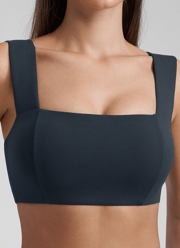 CRZ YOGA Soutien-gorge de sport Butterluxe à encolure carrée, dos ouvert et bretelles larges pour femme Bleu Marine
