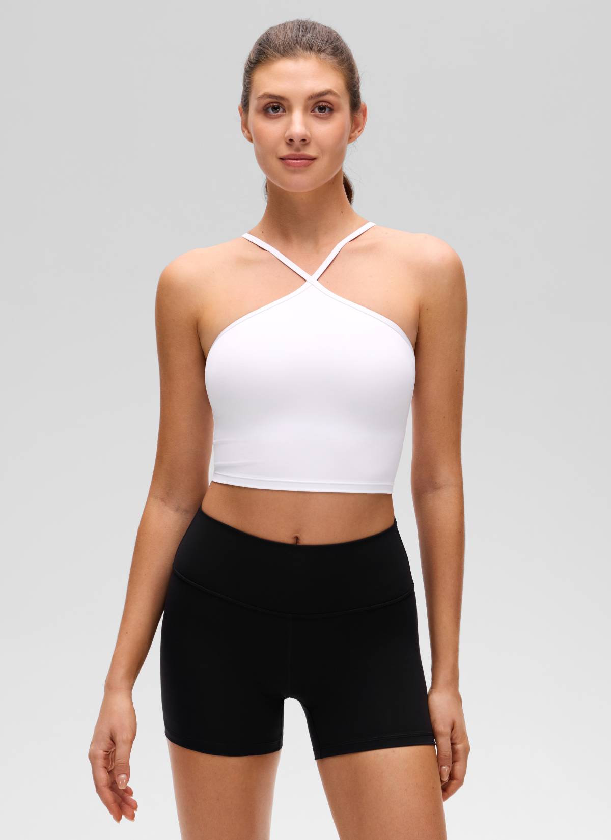 CRZ YOGA Damen- Butterluxe -Yoga-Cross-Halter-Crop-Top mit integriertem BH, weiß
