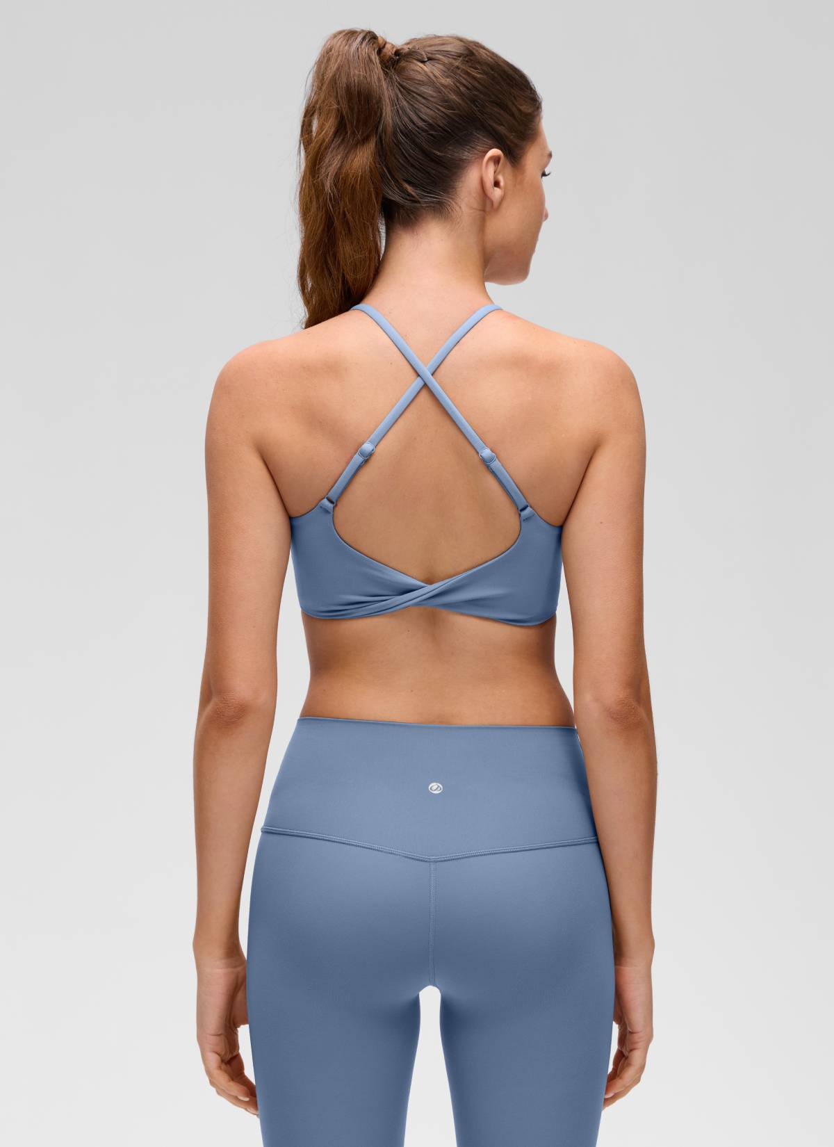 CRZ YOGA Women's Butterluxe Yoga Scoop Neck Twist Cross Back Sport Bra Washed Denim