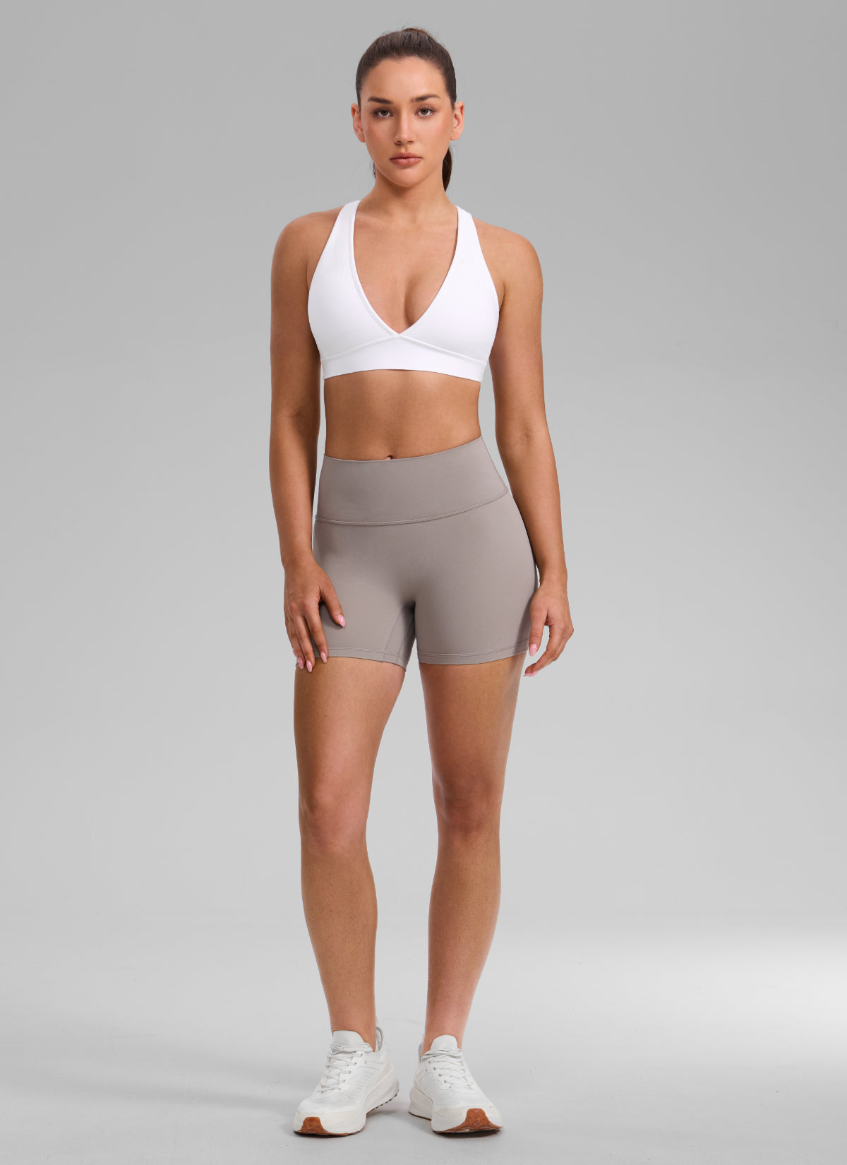 CRZ YOGA Women's Butterlift® Workout Deep V Neck Cross Back Sports Bra White @model_info:Brooklyn