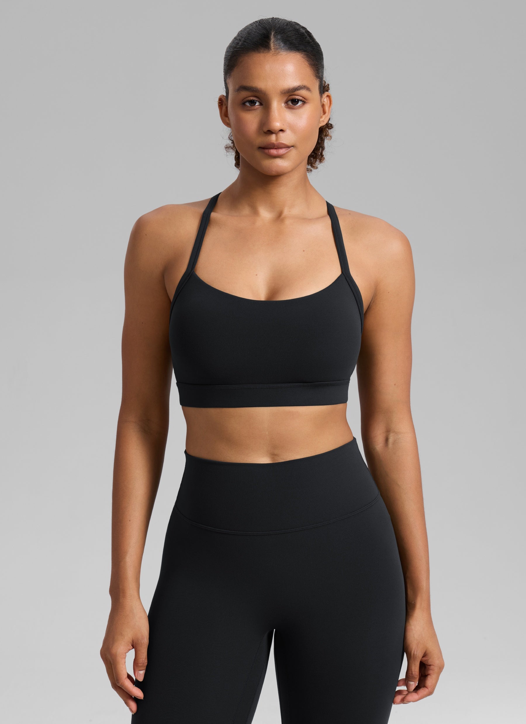 Sujetador deportivo de yoga Butterlift CRZ YOGA para mujer con cuello en U, espalda cruzada y abertura, Negro