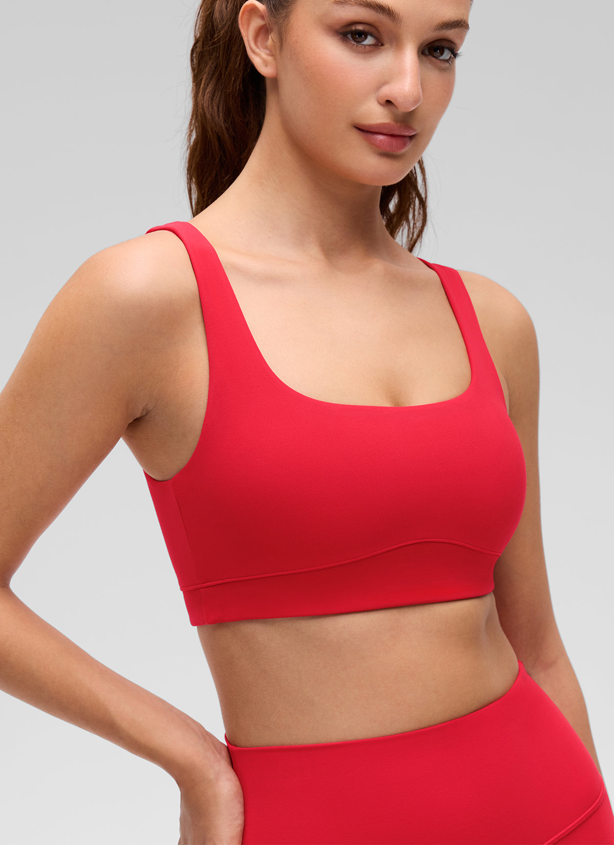 CRZ YOGA Women's Butterluxe Yoga U Back Sports Bra Light Support Aurora Red @model_info:Inga