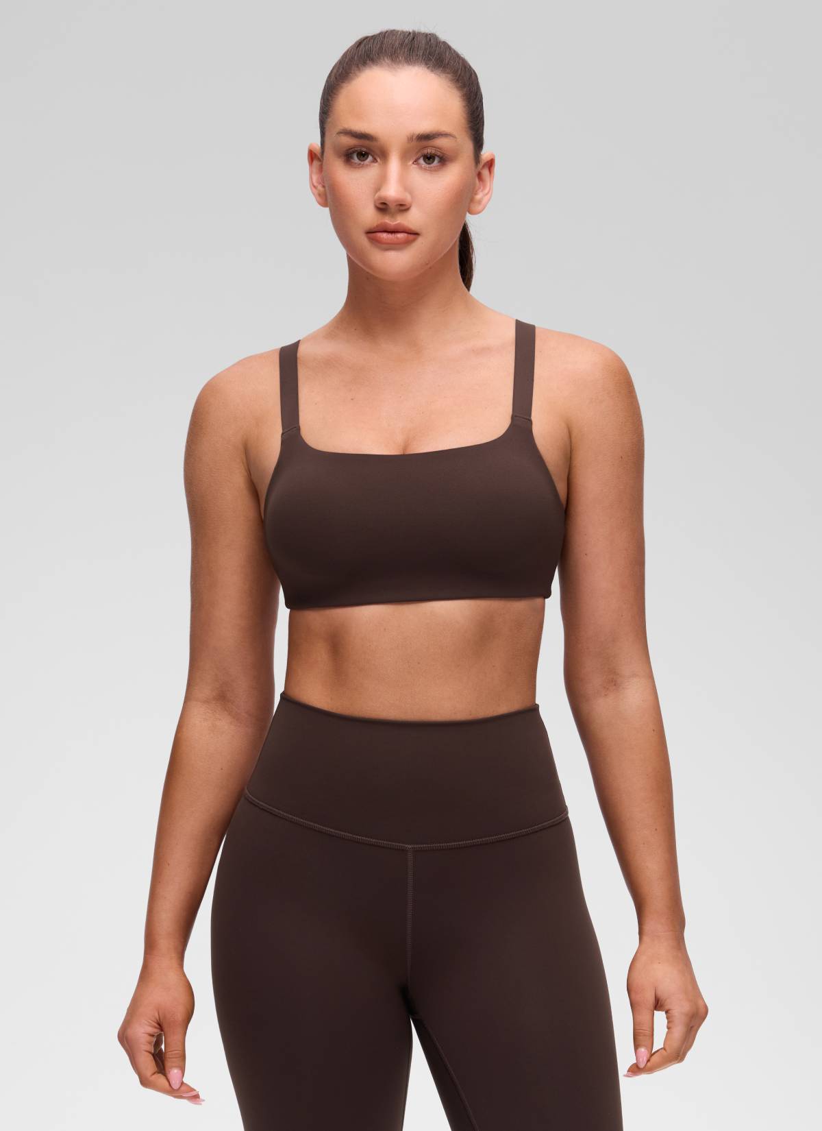 CRZ YOGA Women's Butterluxe Yoga U Neck Square Back Sports Bra Hot Fudge Brown @model_info:Brooklym