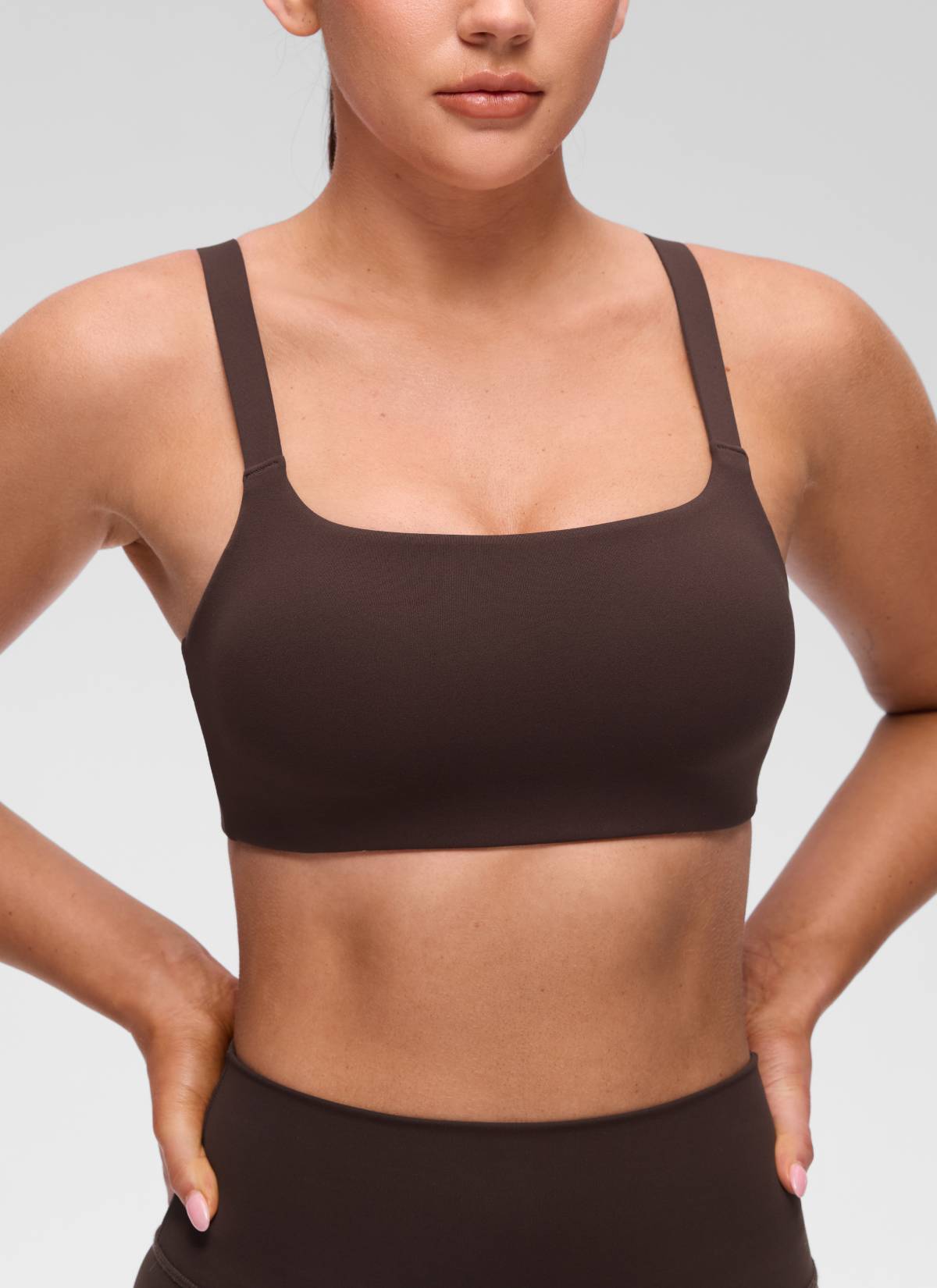 CRZ YOGA Women's Butterluxe Yoga U Neck Square Back Sports Bra Hot Fudge Brown @model_info:Brooklym