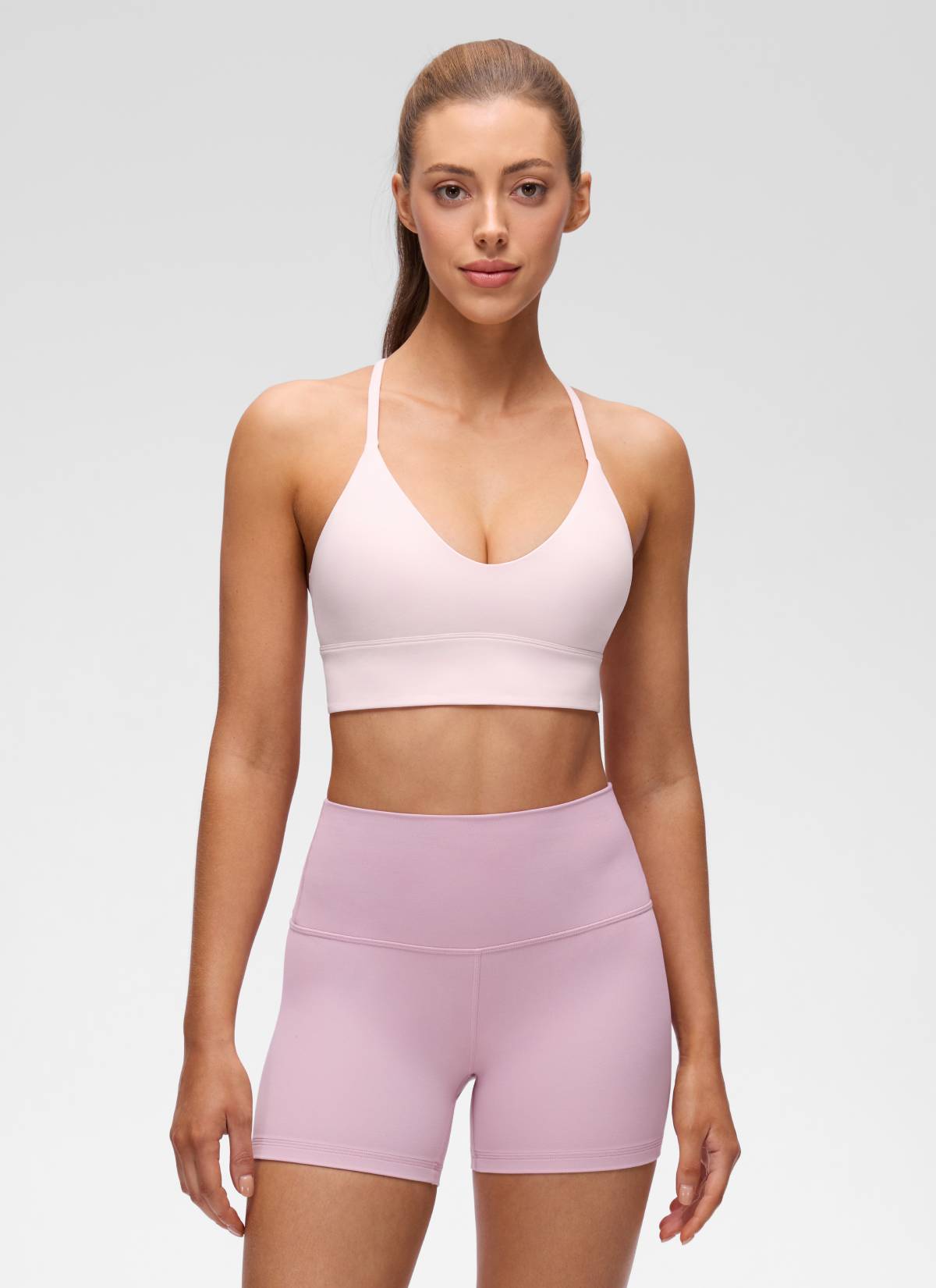 CRZ YOGA Damen Butterluxe Yoga V-Ausschnitt Überkreuz-Rücken Longline Sport-BH Erdbeerrosa