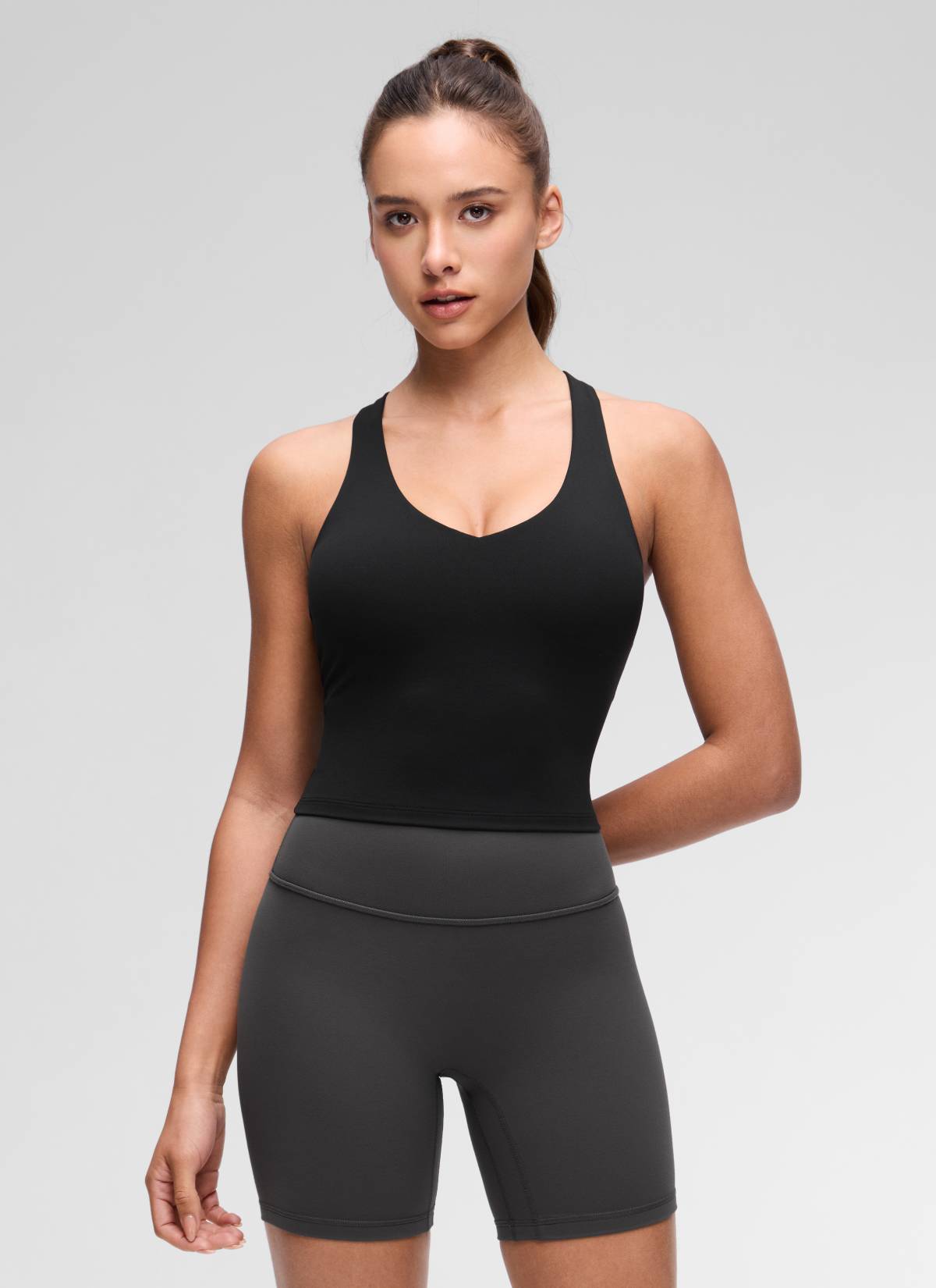 CRZ YOGA Women's Butterluxe Yoga V Neck RacerBack Built in Bra Tank Black @model_info:Maria