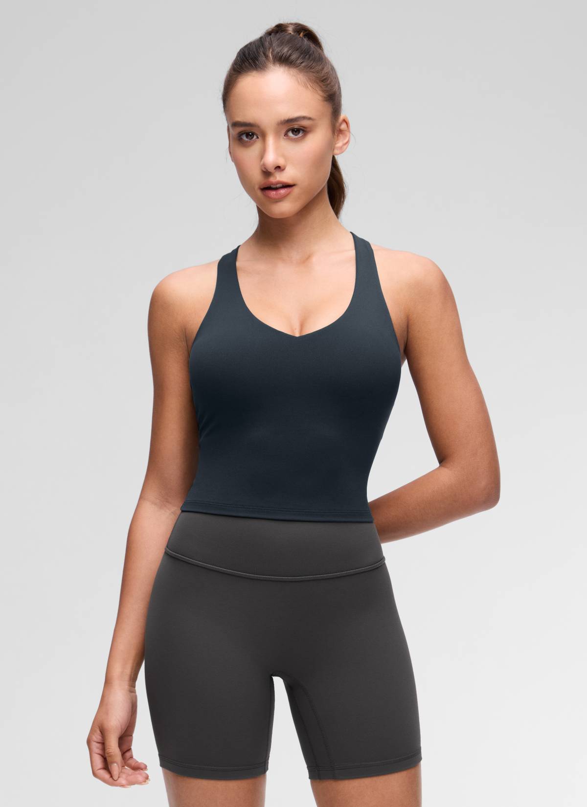 CRZ YOGA Damen- Butterluxe -Yoga-Tanktop mit V-Ausschnitt, Racerback und integriertem BH – True Navy
