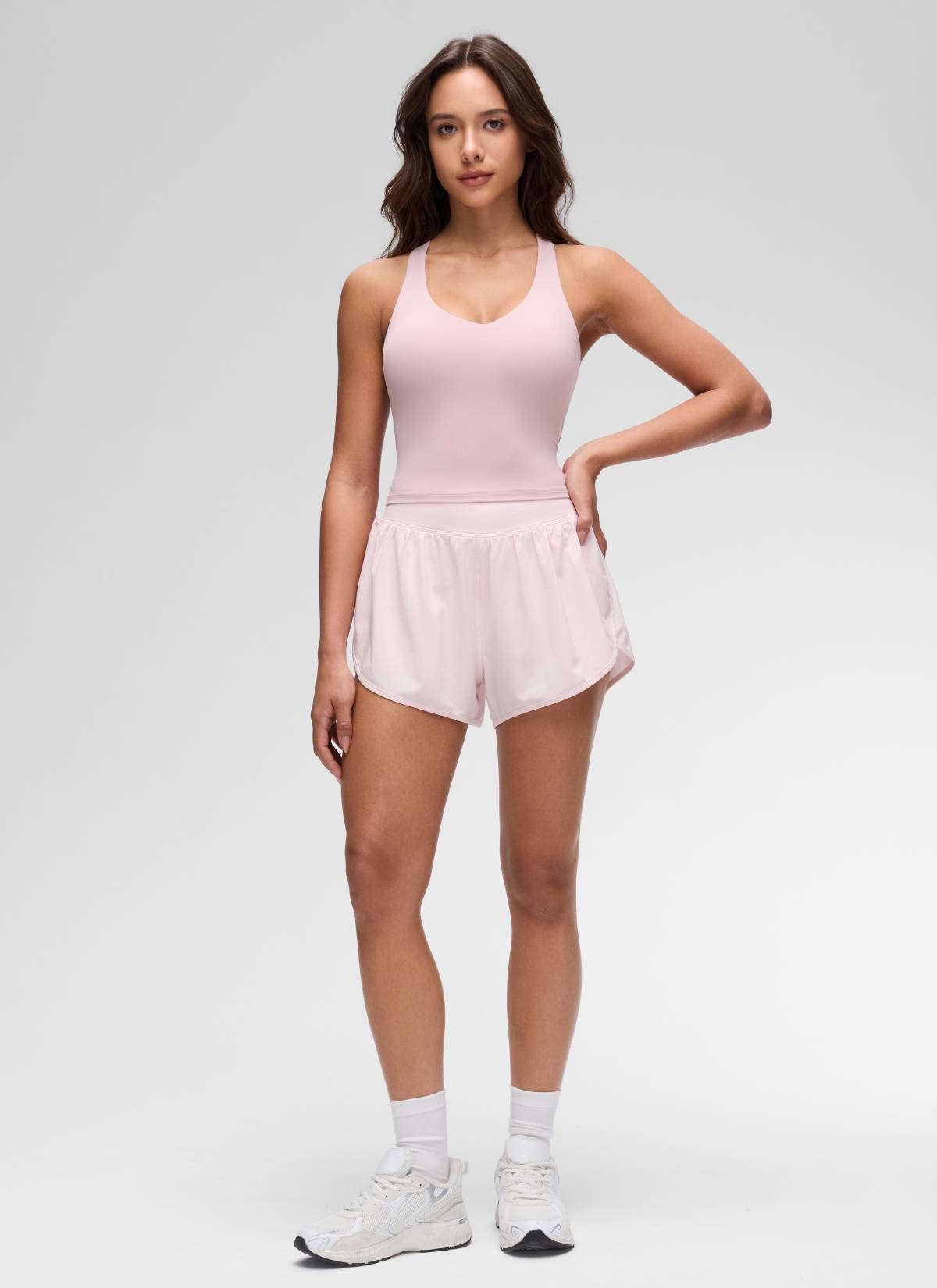 CRZ YOGA Women's Butterluxe Yoga V Neck RacerBack Built in Bra Tank Pink Haze @model_info:Maria