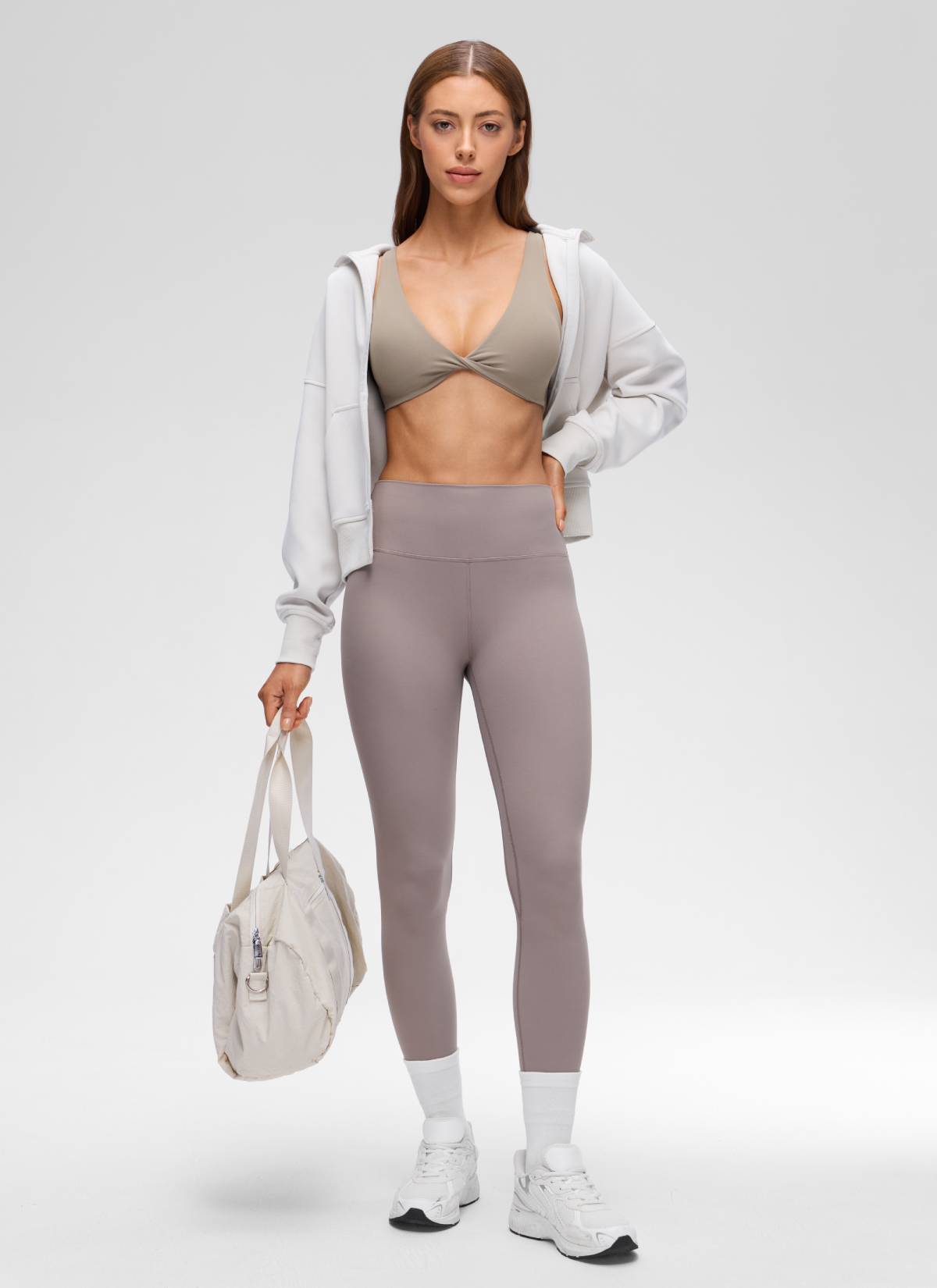 CRZ YOGA Women's Butterluxe Yoga Twist V Neck U Back Sports Bra Warm Ash Grey @model_info:Lary