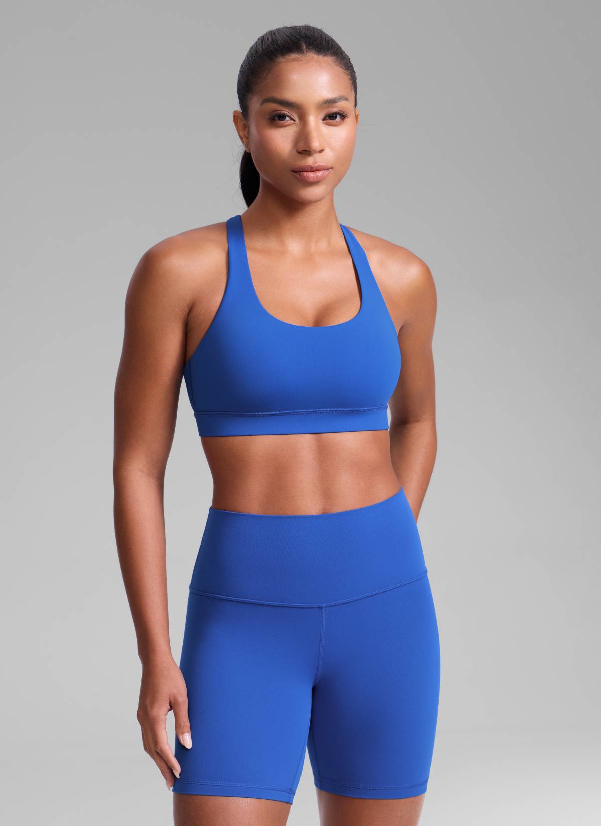 CRZ YOGA Women's Nakedfeel Training U Neck Criss Cross Back Sports Bra Waves Blue