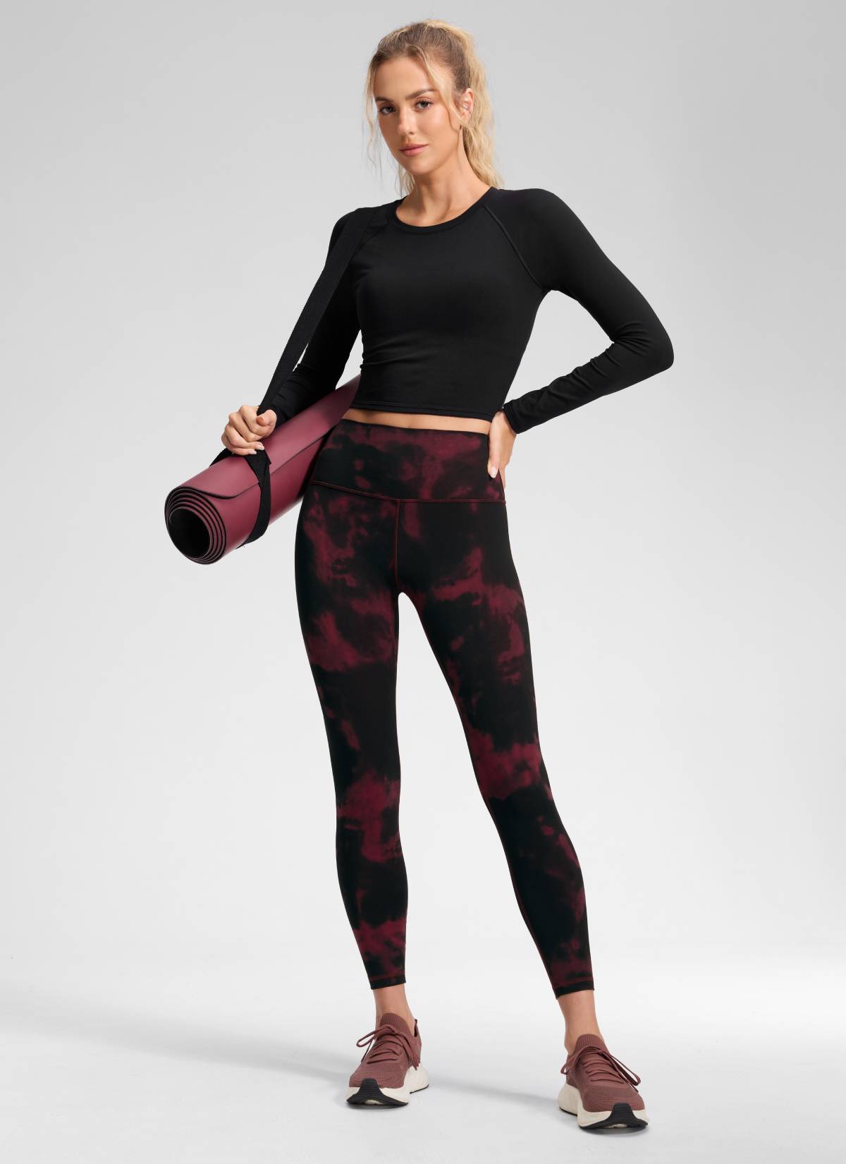 CRZ YOGA – Colanți de yoga pentru femei, model „Yoga Lounge”, talie înaltă, din material Butterluxe, 25'' – culoare burgund, cu imprimeu floral „tie-dye”