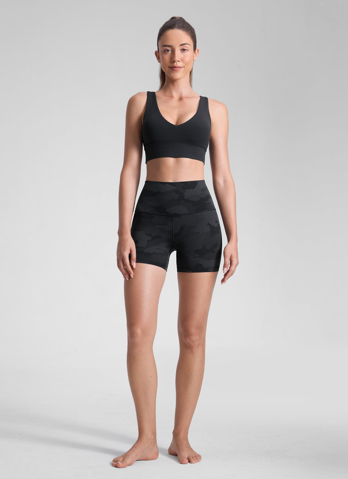 CRZ YOGA Women's Yoga High Rise Biker Shorts Butterluxe Shorts 4'' Dark Grey Camouflage 2 @model_info:Malisa