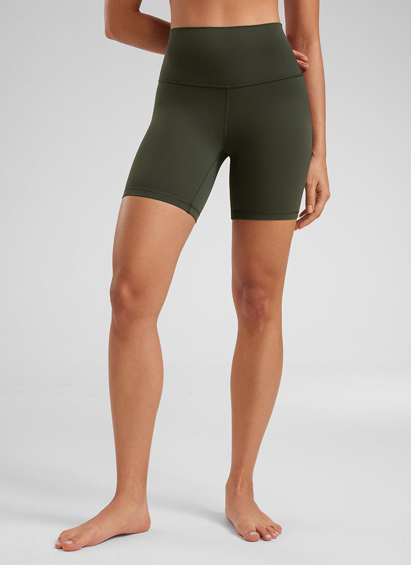 CRZ YOGA Women's Yoga High Rise Biker Shorts Butterluxe Shorts 6'' Olive Green @model_info:Fiona