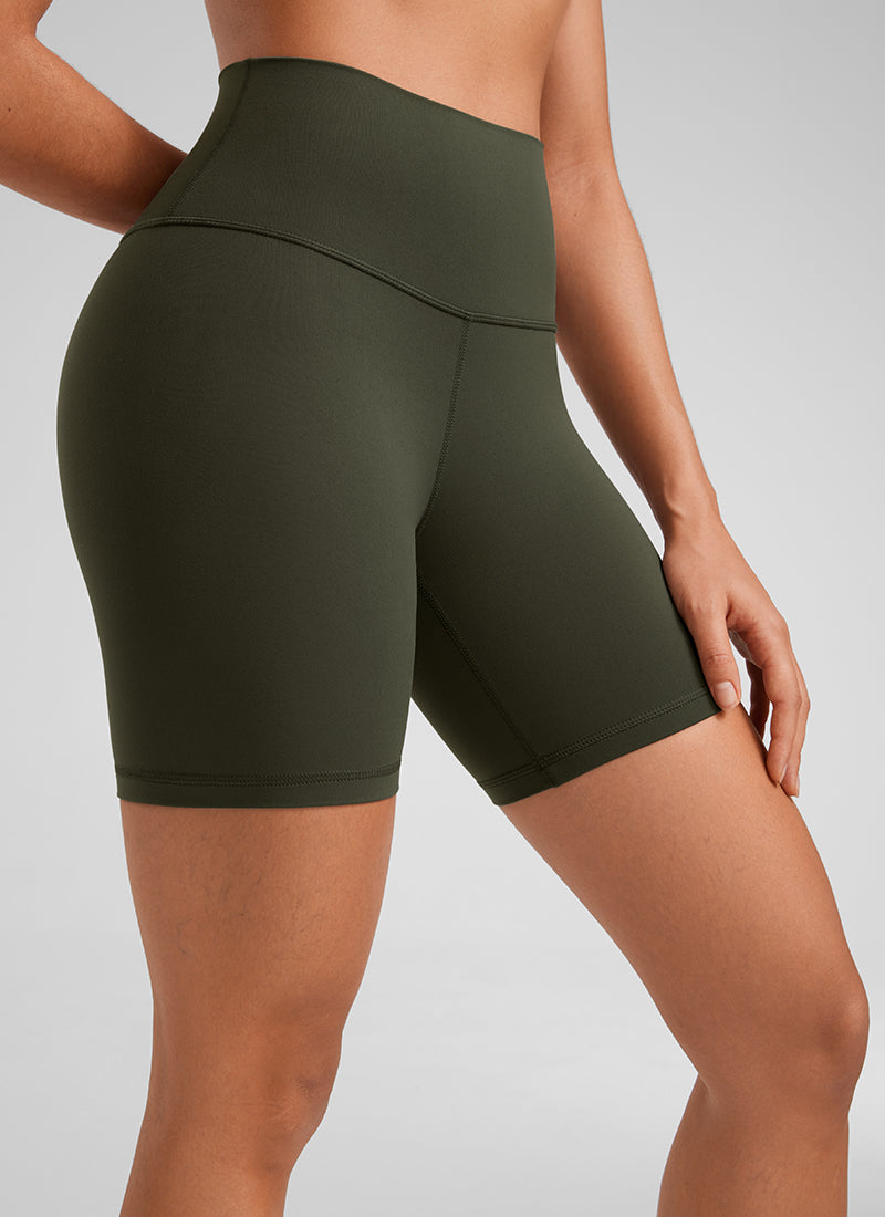 CRZ YOGA Women's Yoga High Rise Biker Shorts Butterluxe Shorts 6'' Olive Green @model_info:Fiona