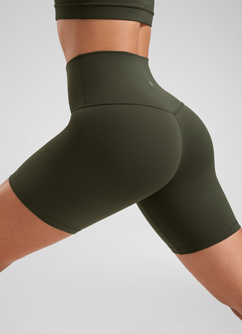 CRZ YOGA Women's Yoga High Rise Biker Shorts Butterluxe Shorts 6'' Olive Green @model_info:Fiona