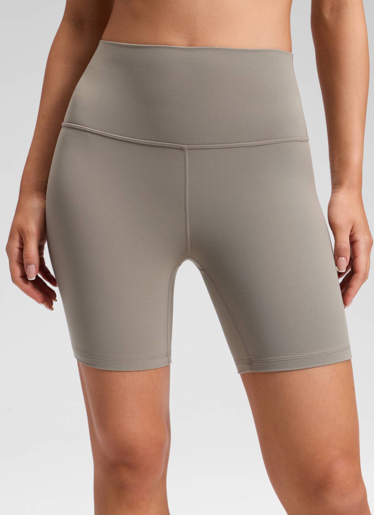 CRZ YOGA Women's Yoga High Rise Biker Shorts Butterluxe Shorts 6'' Warm Ash Grey @model_info:Milena