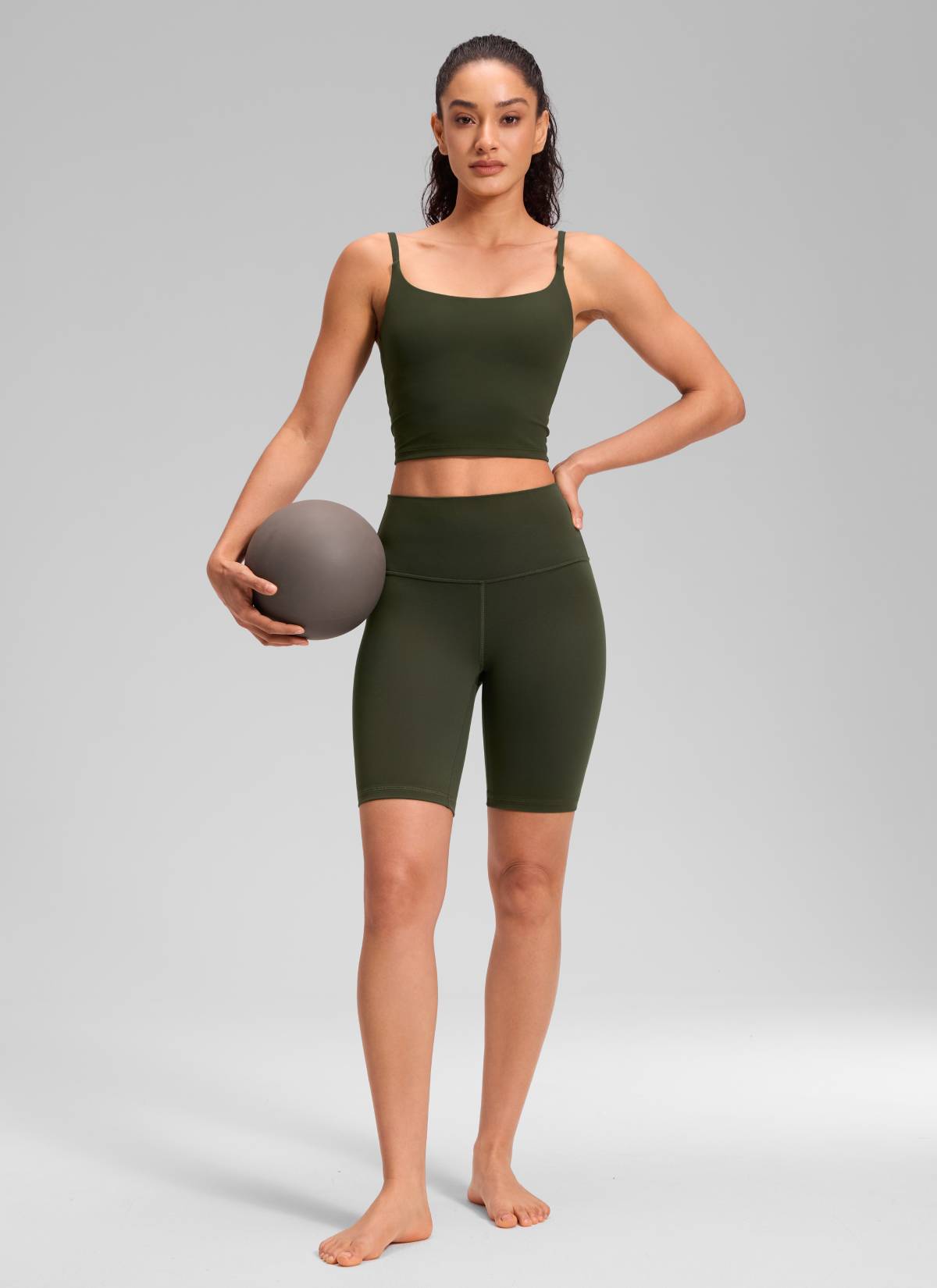 Pantalones cortos de ciclista largos de 20 cm de talle alto Butterluxe para mujer CRZ YOGA, verde oliva