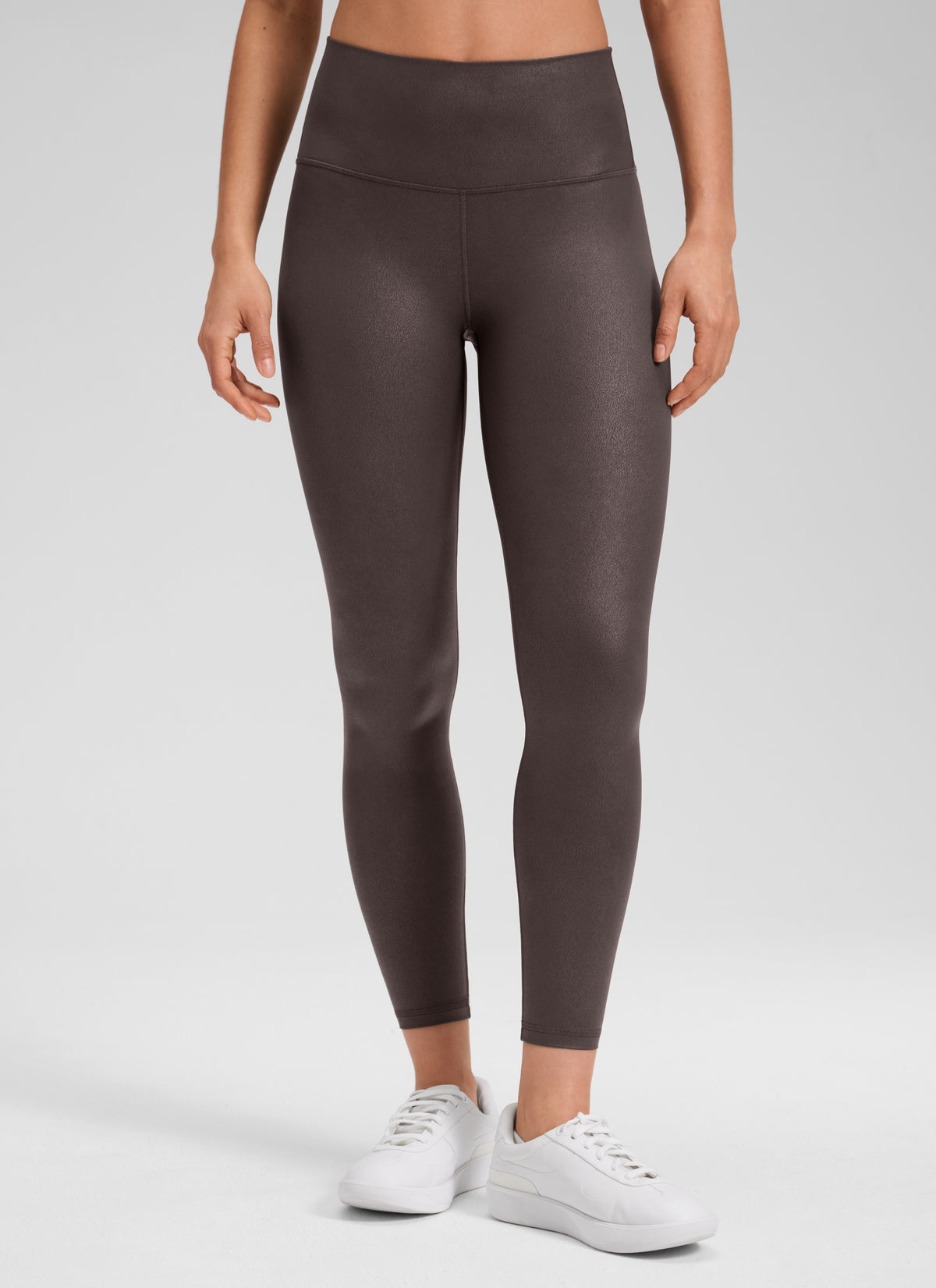 CRZ YOGA Women Butterluxe Matte Faux Leather Leggings 25'' Hot Fudge Brown Foil Pattern @model_info:Larissa