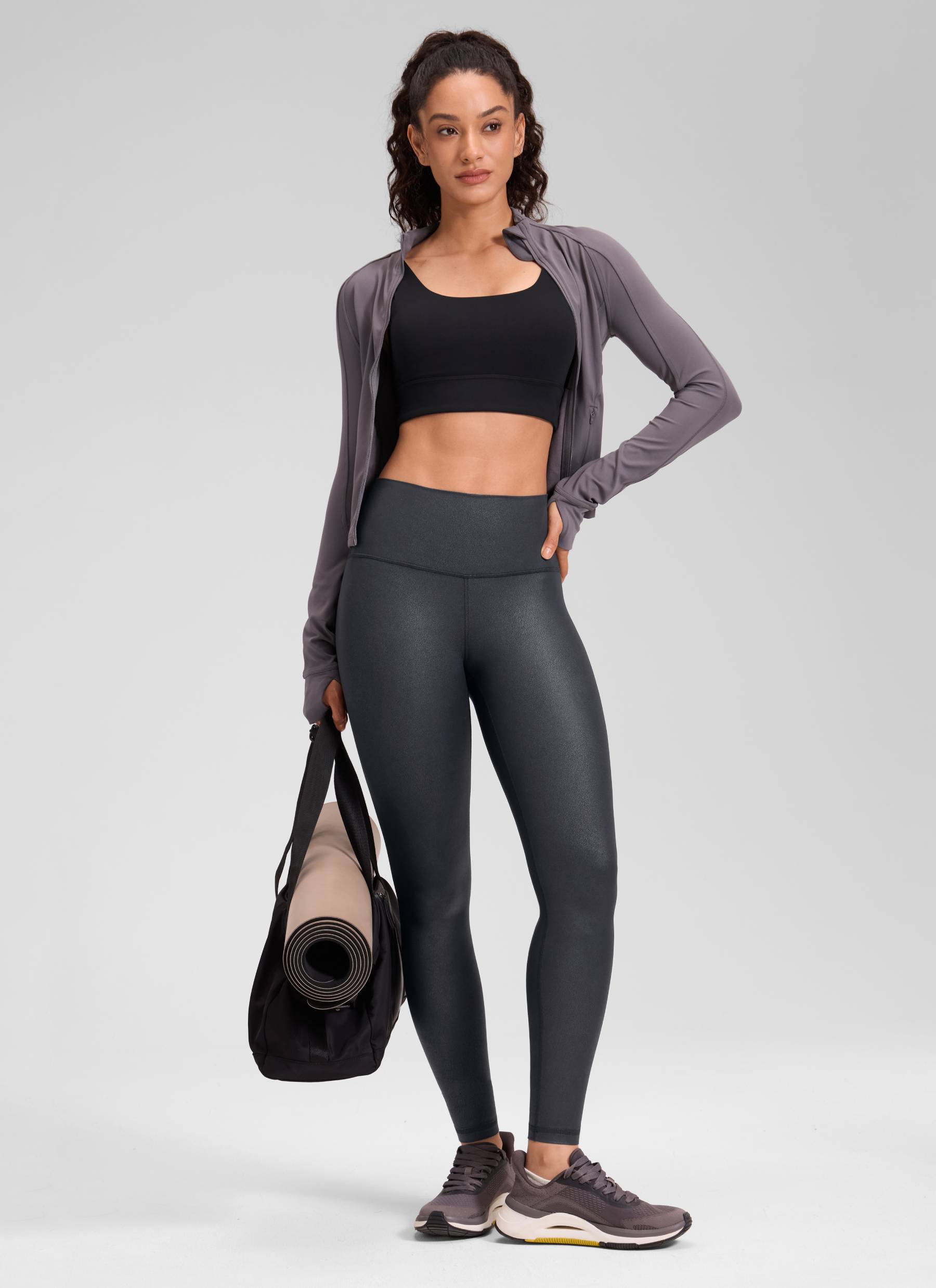 CRZ YOGA Women Butterluxe Matte Faux Leather Leggings 28' Mysterious Grey Foil Pattern @model_info:Larissa
