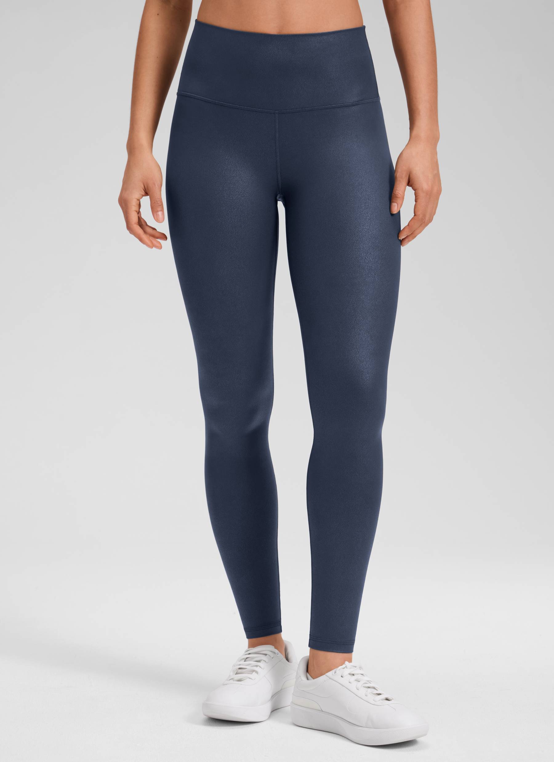 CRZ YOGA Women Butterluxe Matte Faux Leather Leggings 28' Real Navy Foil Pattern @model_info:Larissa