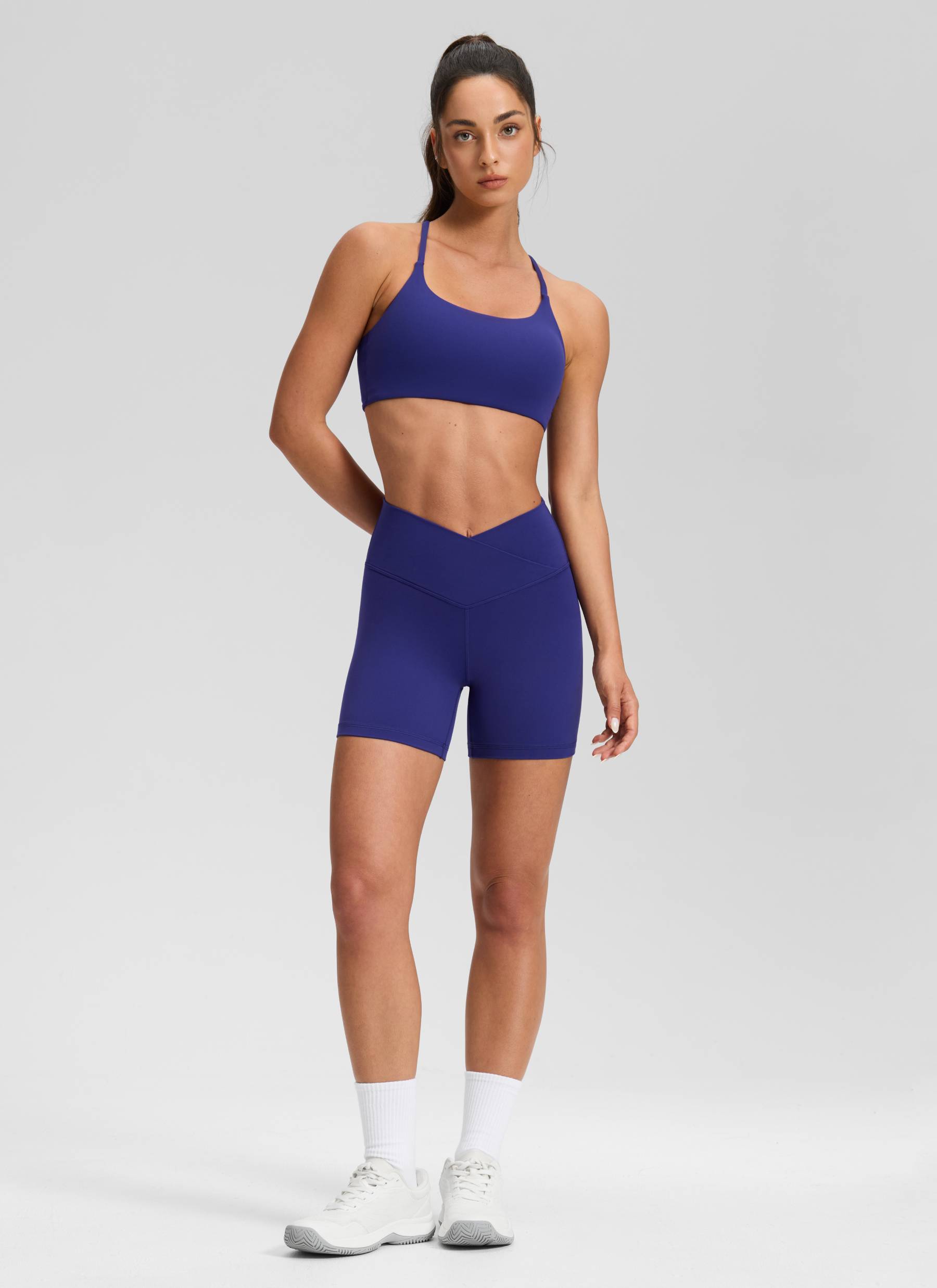 CRZ YOGA Dames High Rise Butterluxe V-Cross Waist Biker Shorts 13 cm Larkspur Blue