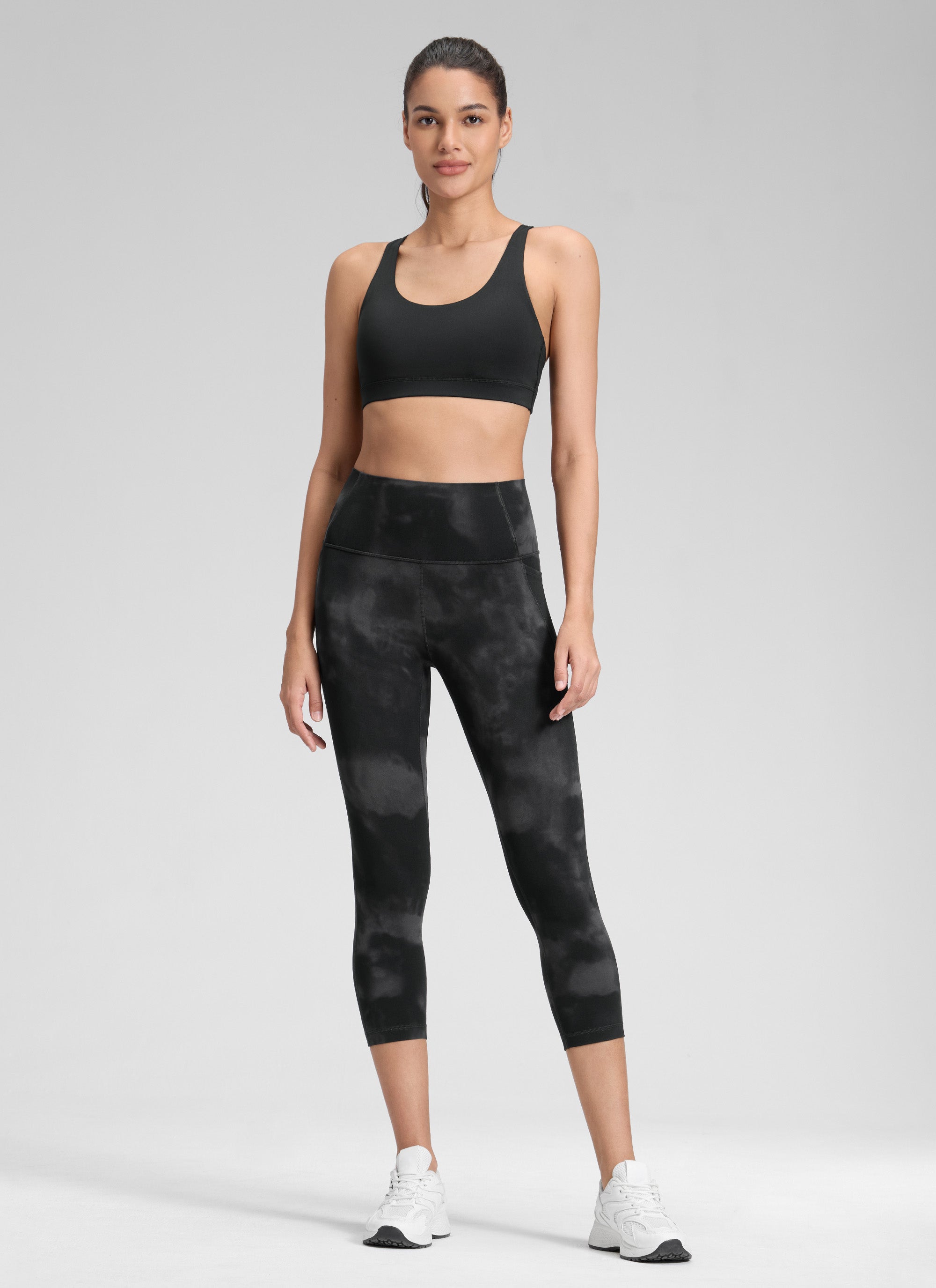 CRZ YOGA Women's Yoga High Rise Butterluxe Capri with Pockets 21'' Black Tie Dye Flowers @model_info:Jenna