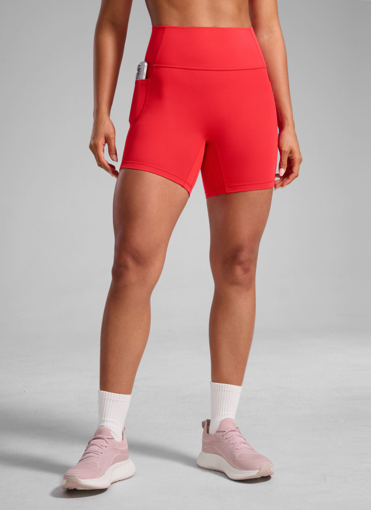 CRZ YOGA Butterlift Womens Scrunch Butt No Front Seam Pocket Biker Shorts 5'' Deep Red