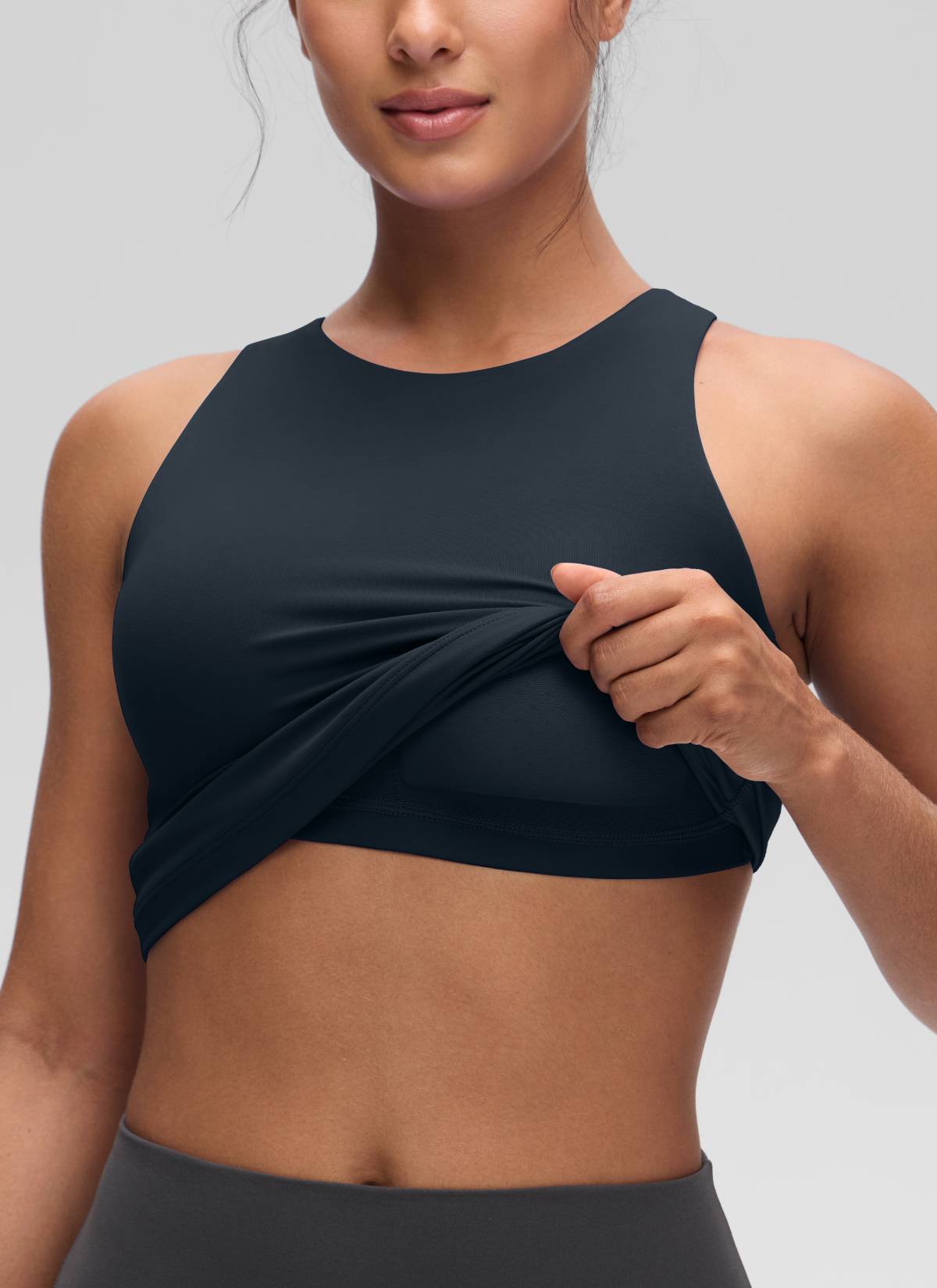 CRZ YOGA Top de yoga de corte entallado Butterluxe con espalda nadadora y cuello alto para mujer Azul marino auténtico