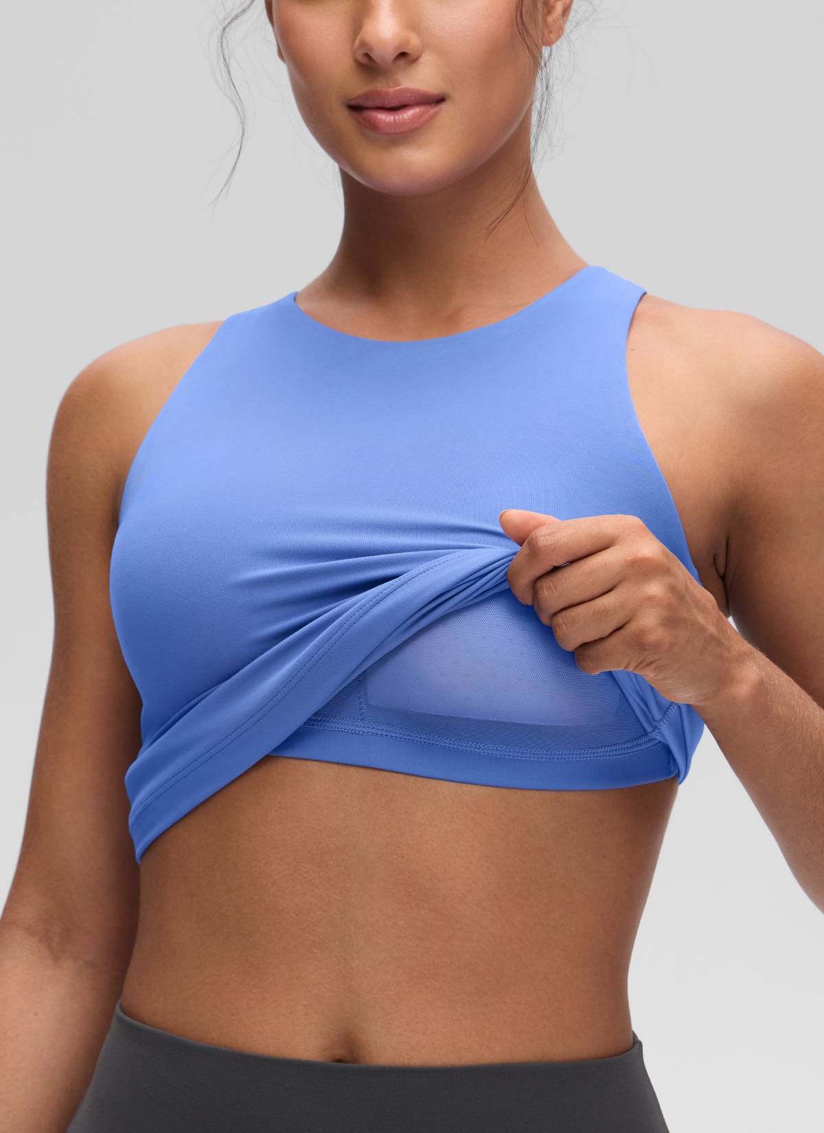 CRZ YOGA Camiseta de yoga de corte ajustado Butterluxe con espalda nadadora y cuello alto para mujer, azul índigo