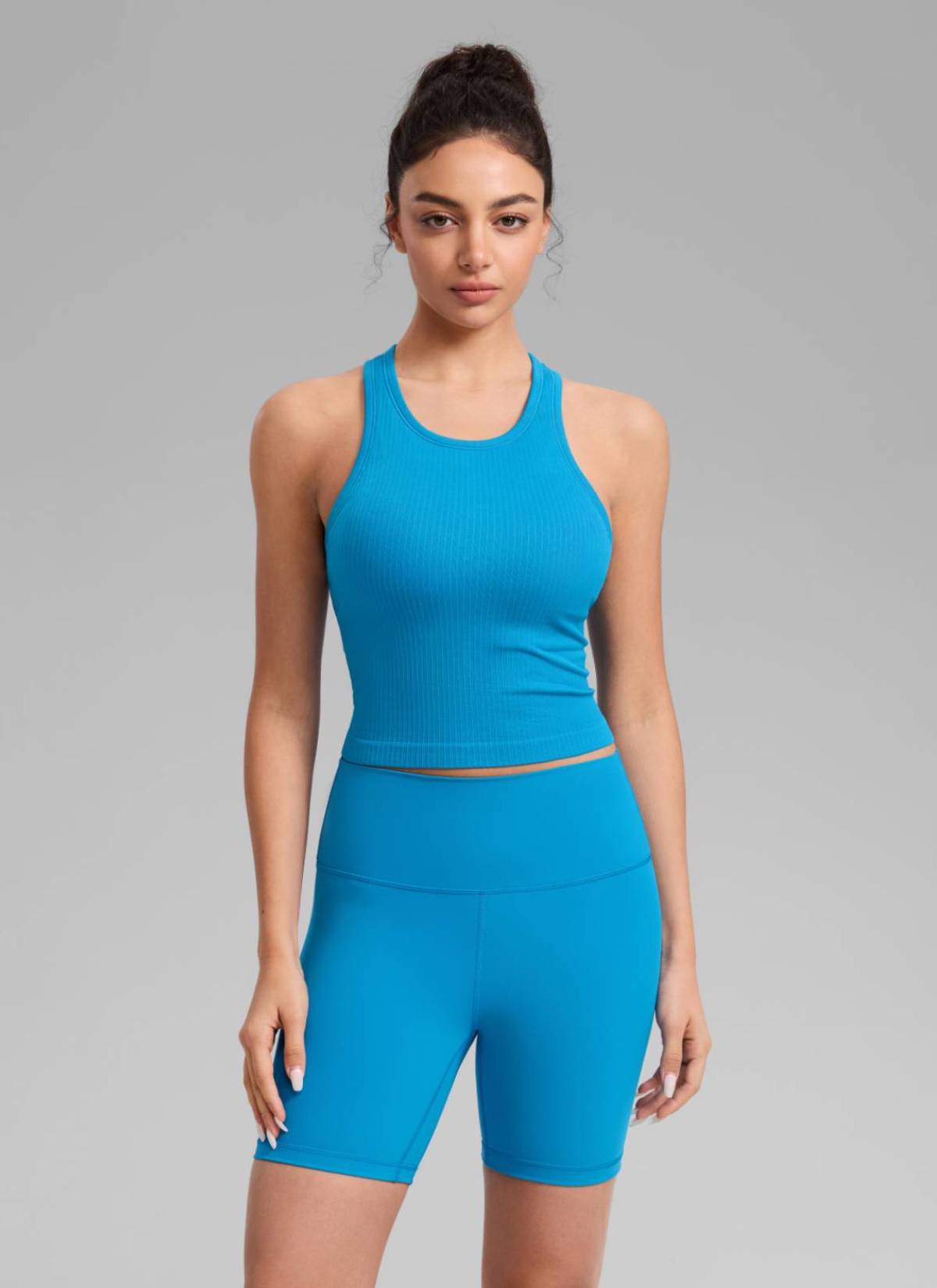 CRZ YOGA Women's Yoga Slim Fit Tops Seamless Longline Tank High Neck Madagascar Blue