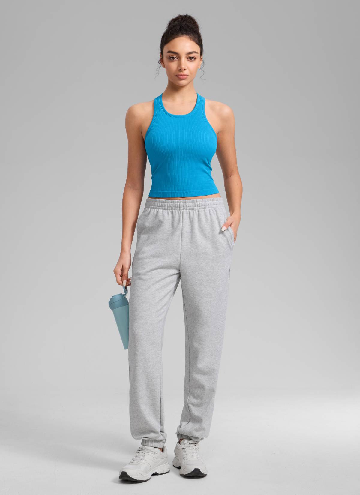 CRZ YOGA Women's Yoga Slim Fit Tops Seamless Longline Tank High Neck Madagascar Blue