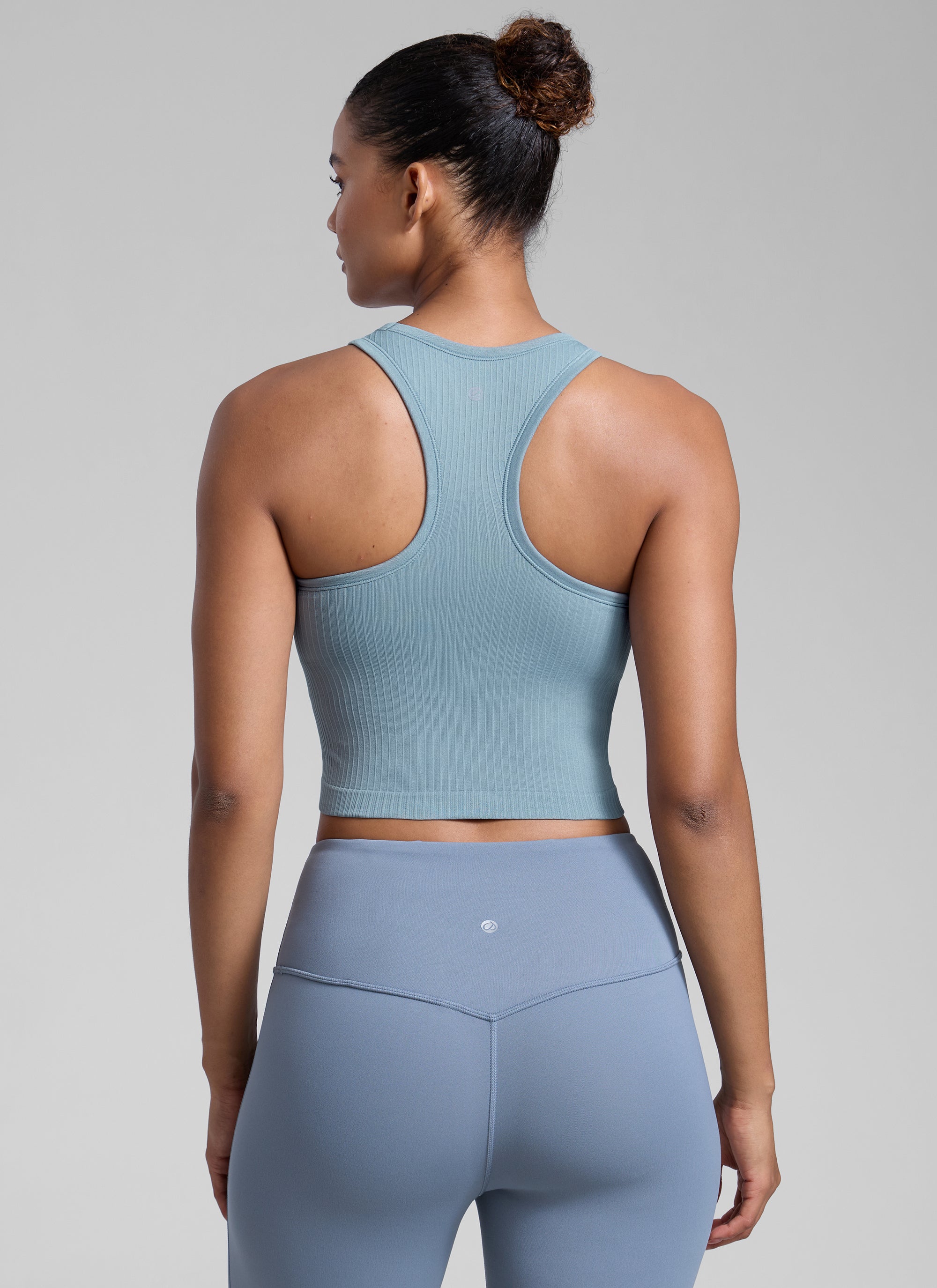 CRZ YOGA Women's Yoga Slim Fit Tops Seamless Longline Tank High Neck Cambric Blue