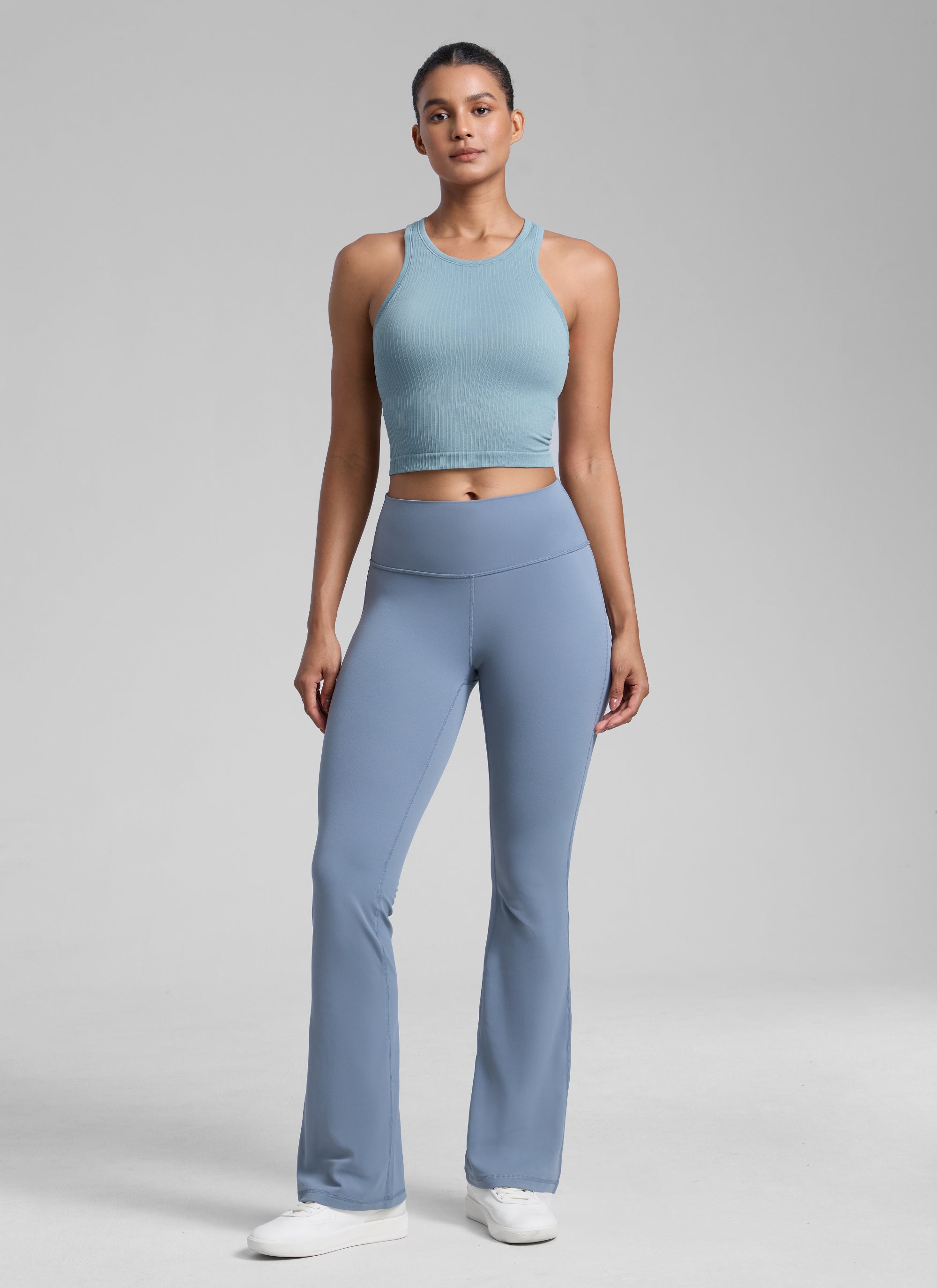 CRZ YOGA Women's Yoga Slim Fit Tops Seamless Longline Tank High Neck Cambric Blue