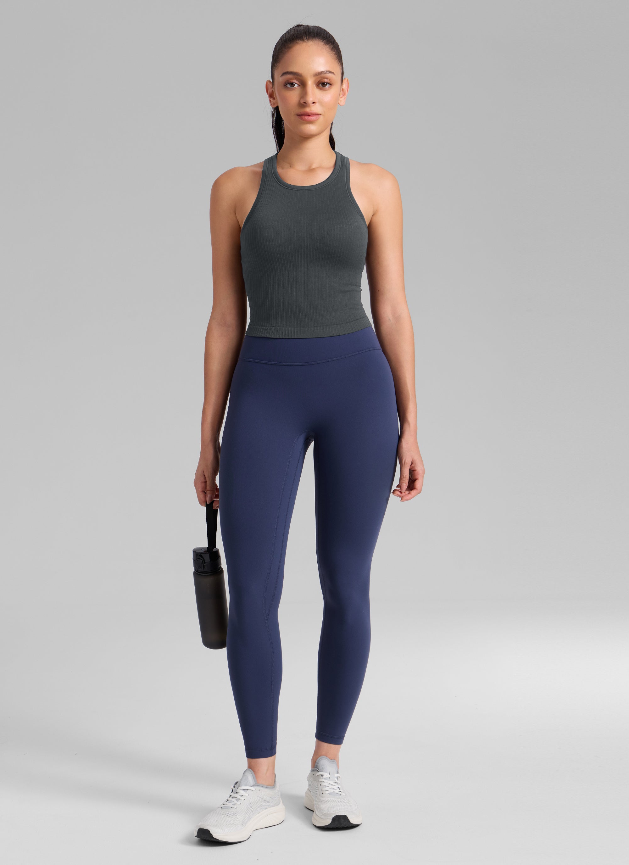 CRZ YOGA Women's Yoga Slim Fit Tops Seamless Longline Tank High Neck Mysterious Grey