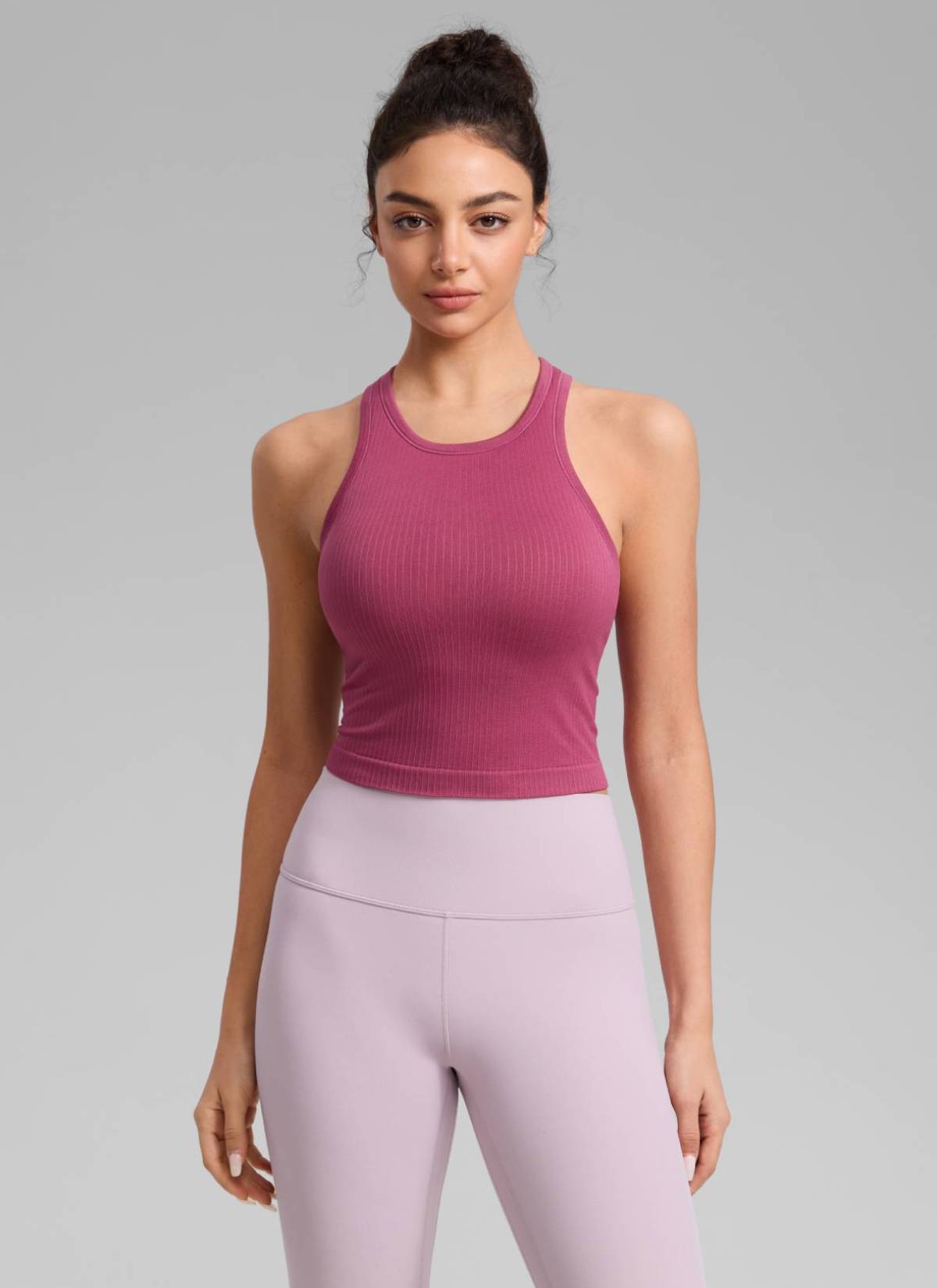 CRZ YOGA Women's Yoga Slim Fit Tops Seamless Longline Tank High Neck Washed Mauve
