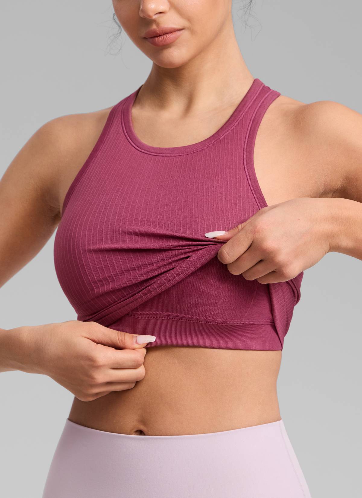 CRZ YOGA Women's Yoga Slim Fit Tops Seamless Longline Tank High Neck Washed Mauve