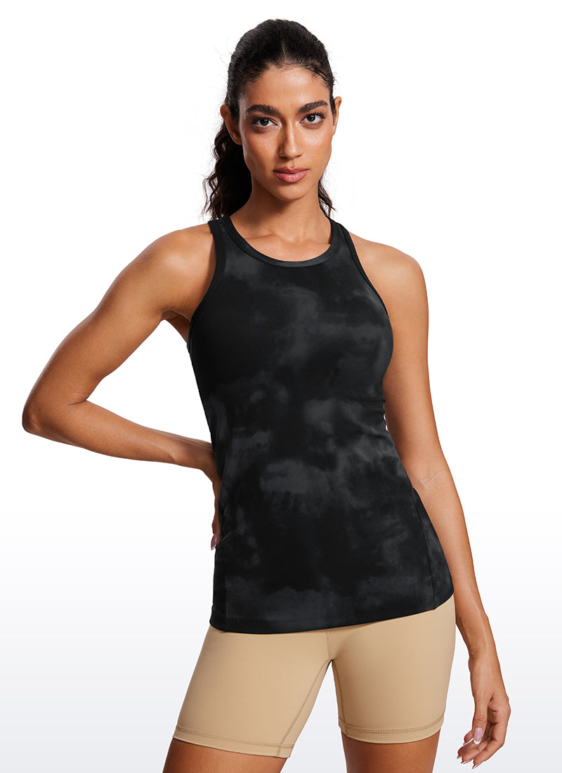 CRZ YOGA Top de yoga de corte entallado Butterluxe con espalda nadadora y cuello alto para mujer Flores desteñidas negras
