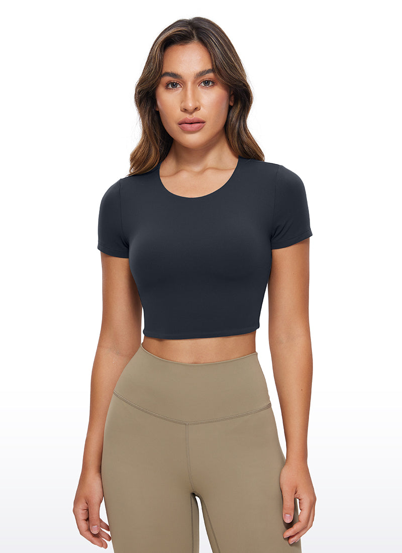 CRZ YOGA Haut court à manches courtes Butterluxe pour femme, coupe ajustée Bleu marine