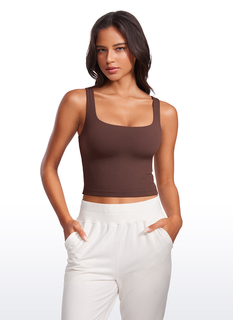 CRZ YOGA Camiseta sin mangas de corte ceñido Butterluxe para mujer, cuello cuadrado, color topo